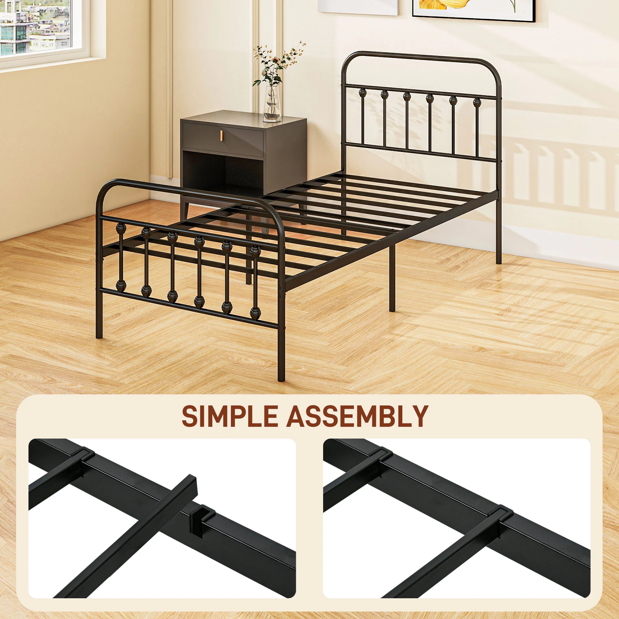 HOMCOM 3ft Metal Single Platform Bed Frame W/ Underbed Storage Headboard Black - Image 7