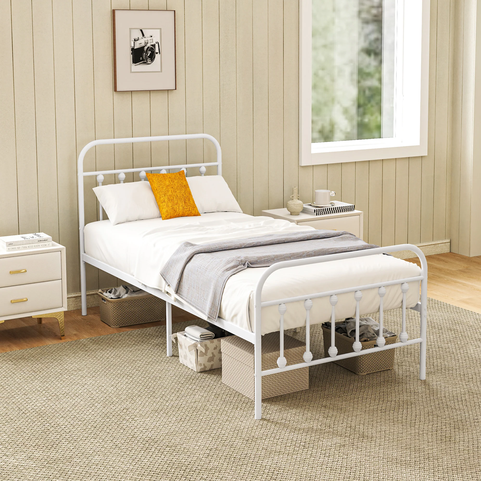 HOMCOM 3ft Metal Single Platform Bed Frame W/ Underbed Storage Headboard White - Image 2
