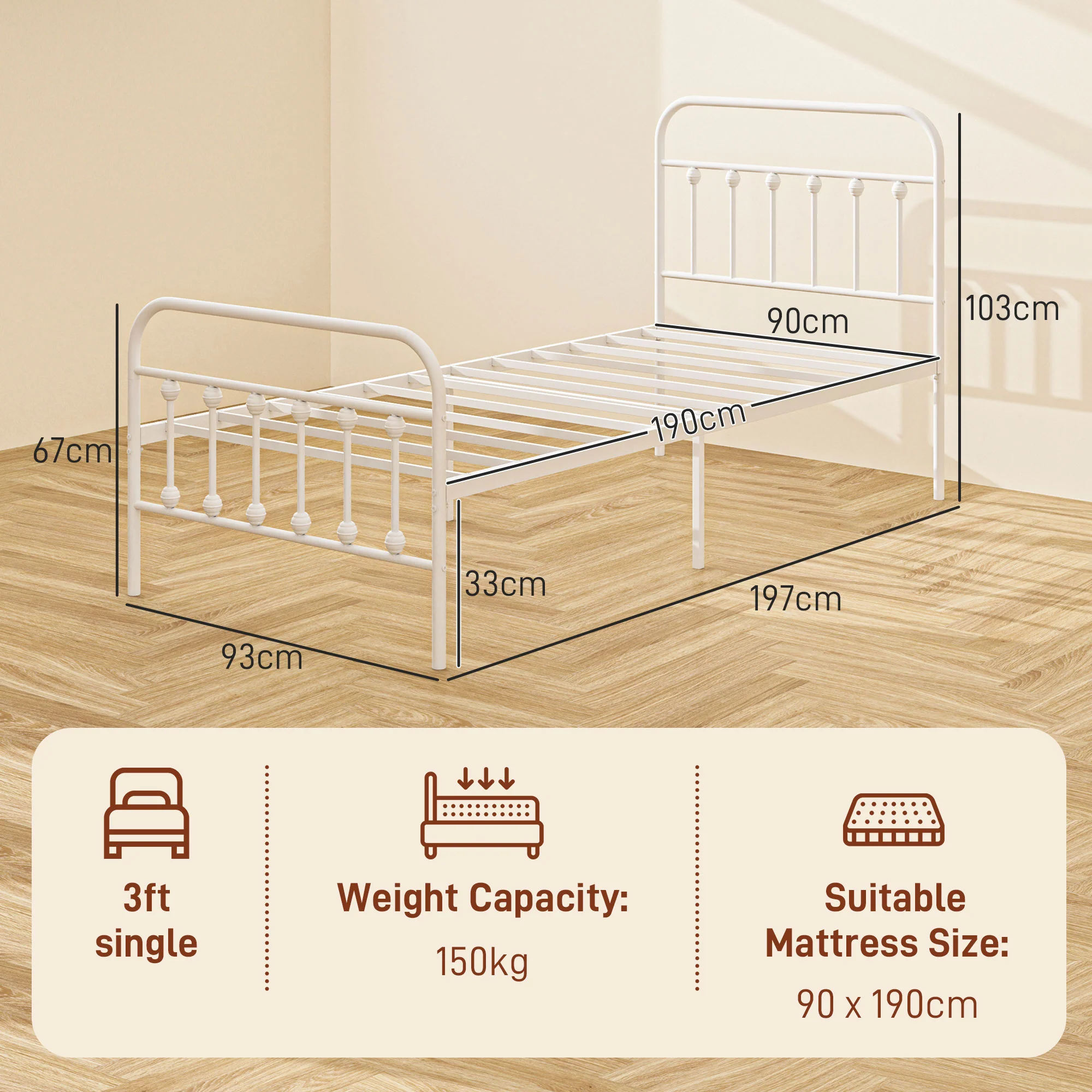 HOMCOM 3ft Metal Single Platform Bed Frame W/ Underbed Storage Headboard White - Image 5