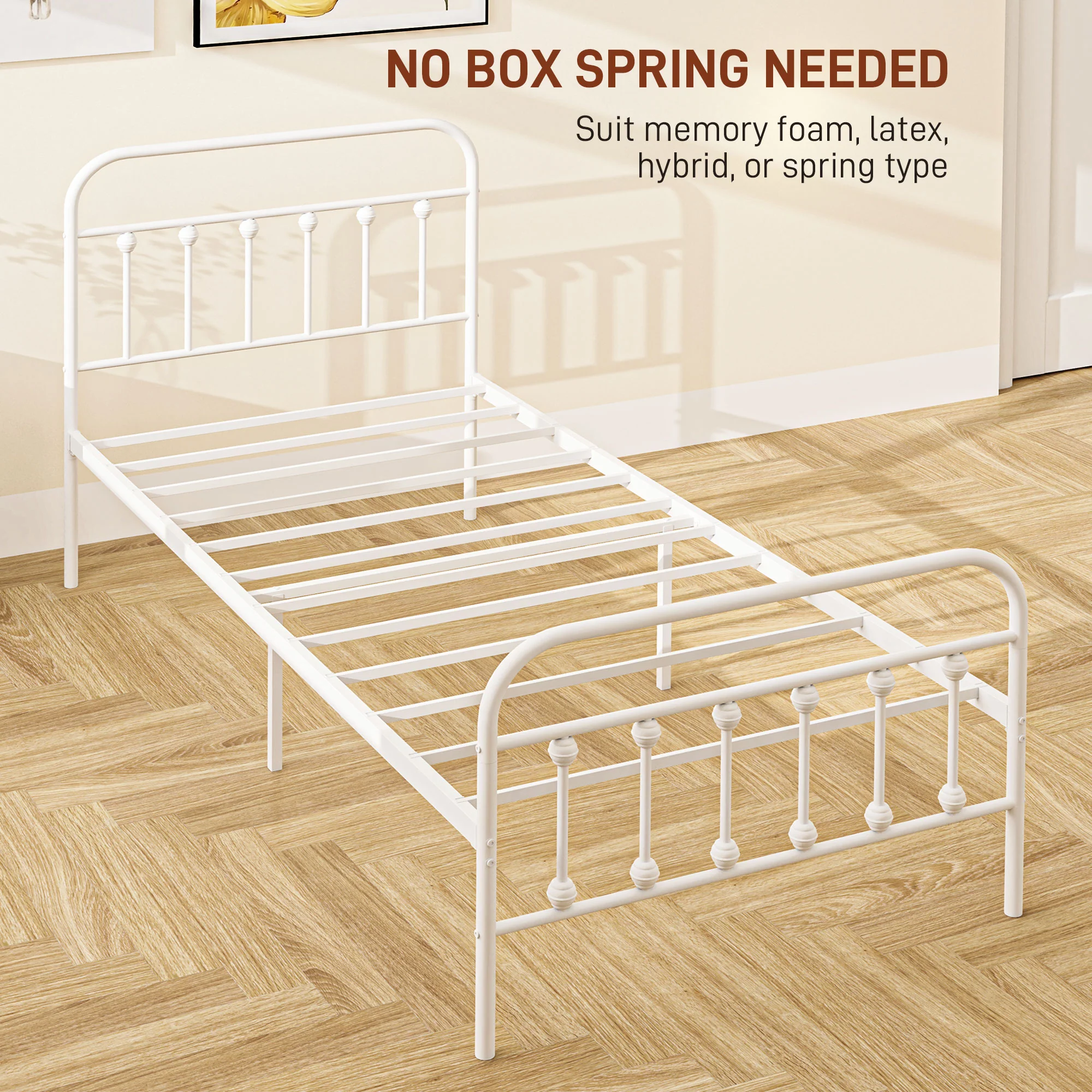 HOMCOM 3ft Metal Single Platform Bed Frame W/ Underbed Storage Headboard White - Image 6