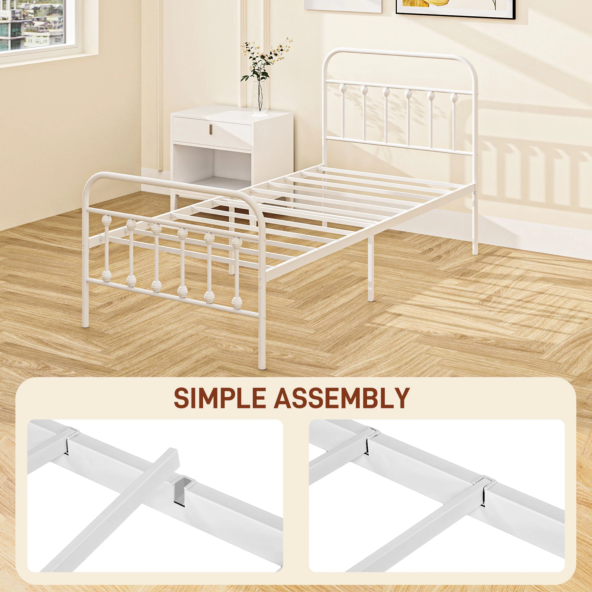 HOMCOM 3ft Metal Single Platform Bed Frame W/ Underbed Storage Headboard White - Image 7