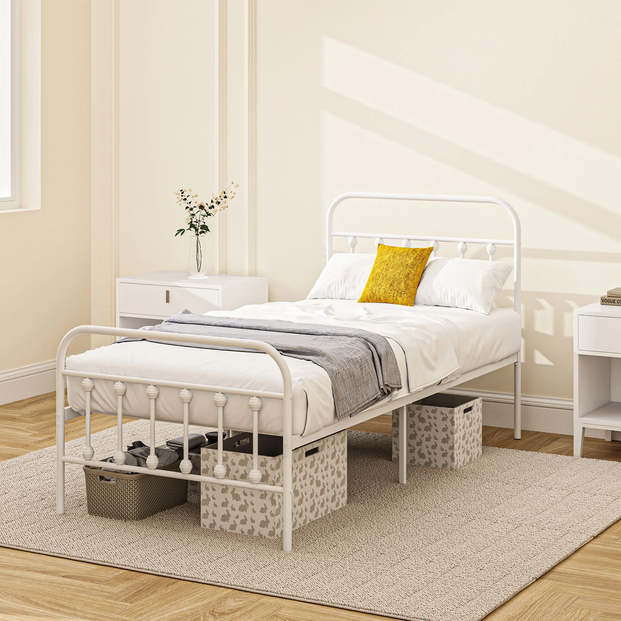 HOMCOM 3ft Metal Single Platform Bed Frame W/ Underbed Storage Headboard White - Image 9