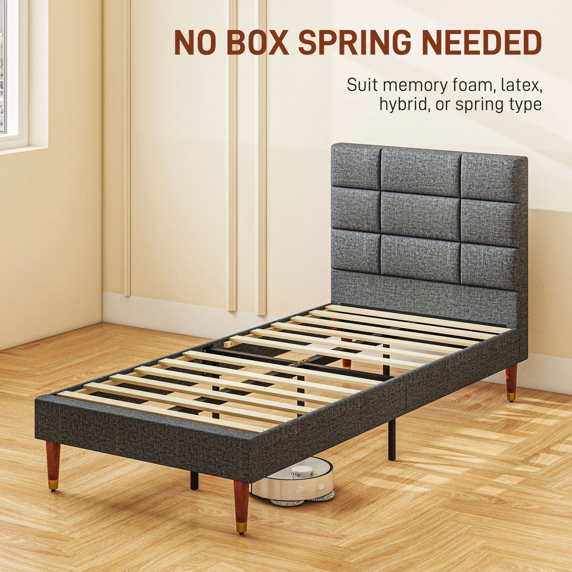 HOMCOM 3ft Upholstered Single Bed Frame W/ Wooden Slat No Box Spring Needed - Image 7