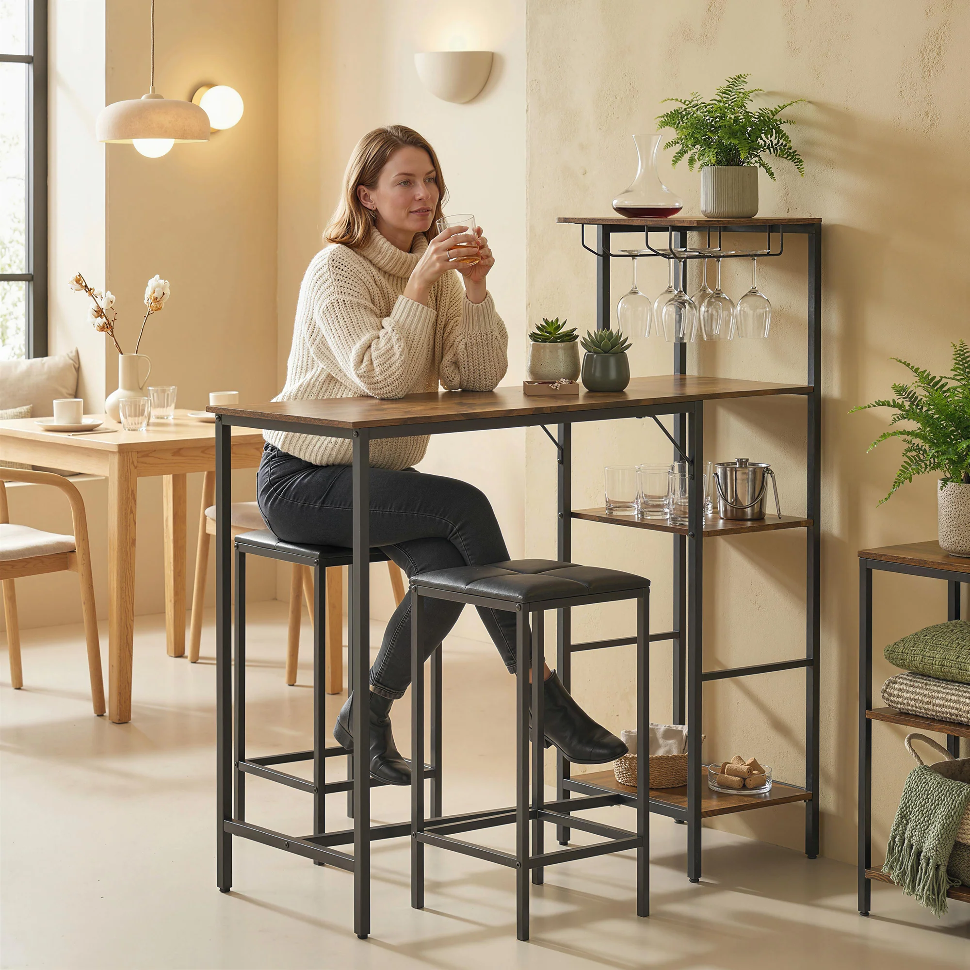 HOMCOM 3Pcs Breakfast Bar Table and Stools Set 4-tier shelving, Rustic Brown - Image 2