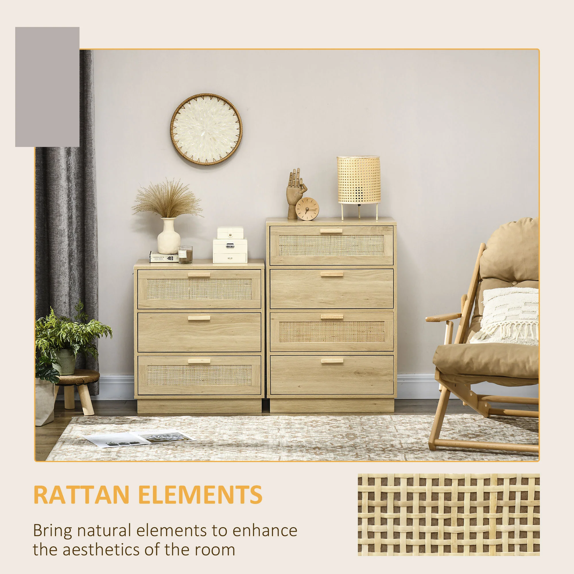 HOMCOM 4 Drawer Dresser, Boho Chest of Drawers Storage Cabinet, Natural - Image 4