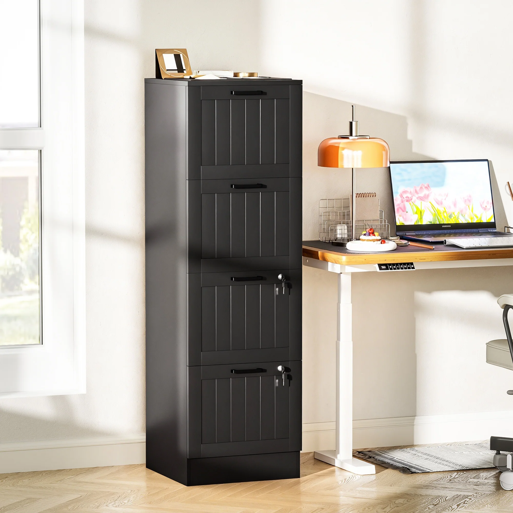 HOMCOM 4 Drawer File Cabinet with Lock and Adjustable Hanging Bars, Black - Image 2