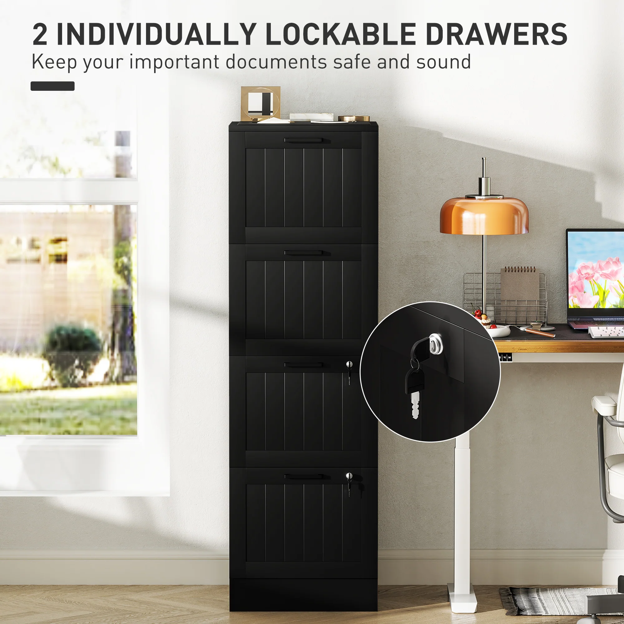 HOMCOM 4 Drawer File Cabinet with Lock and Adjustable Hanging Bars, Black - Image 6