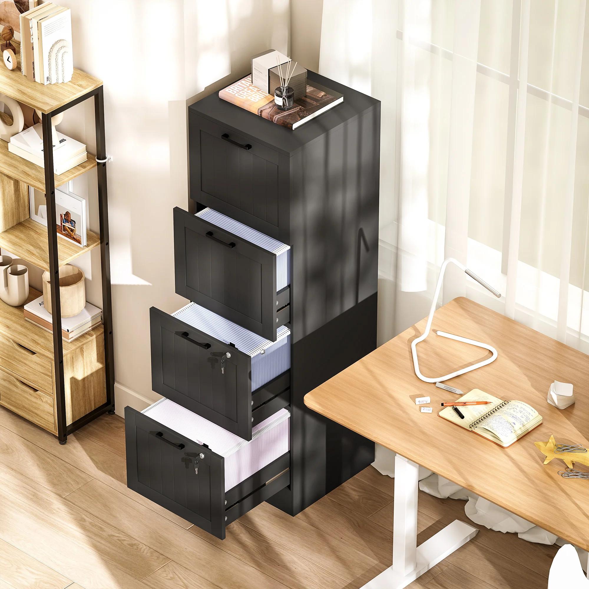 HOMCOM 4 Drawer File Cabinet with Lock and Adjustable Hanging Bars, Black - Image 9