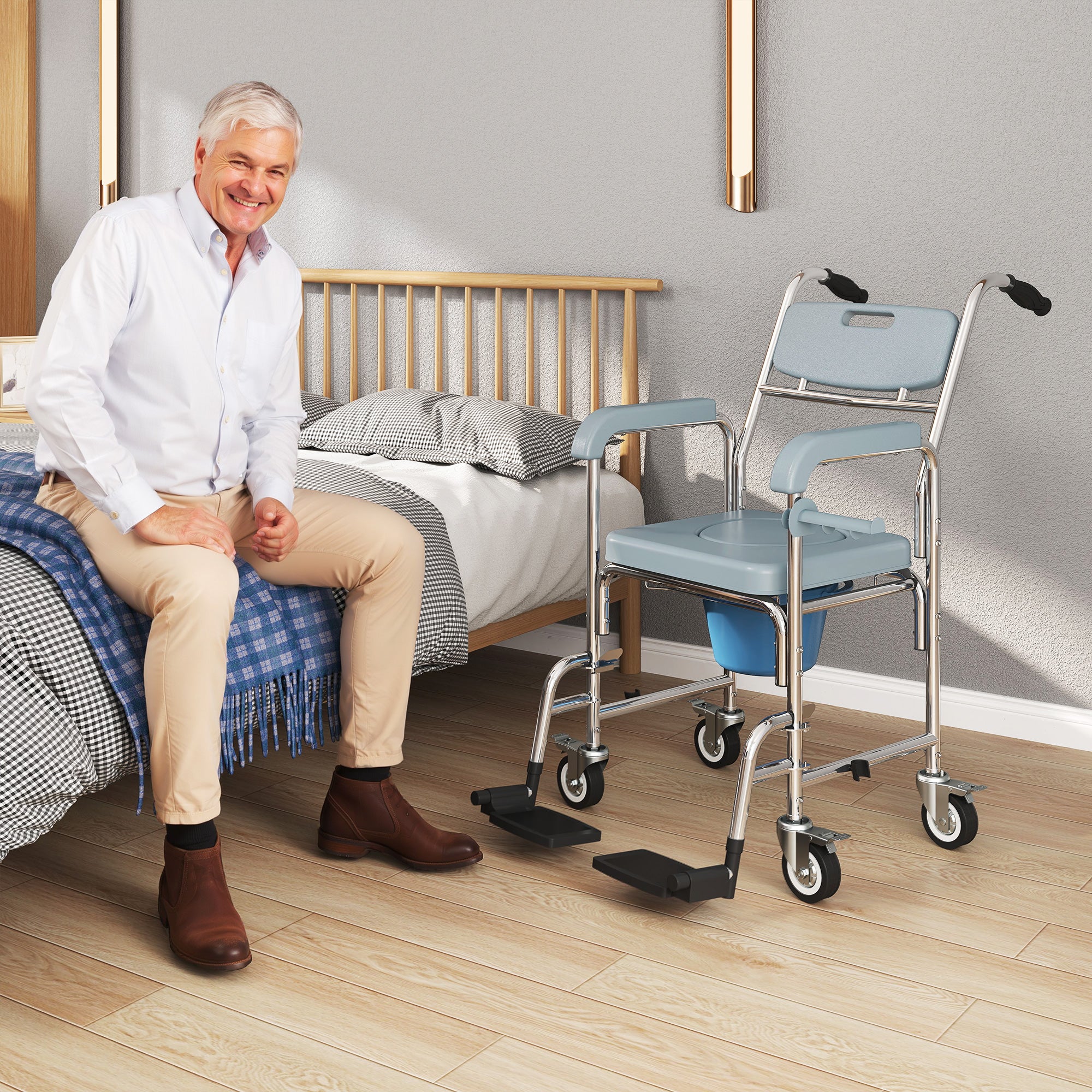 HOMCOM 4 In 1 Shower Chair With Wheels, Bedside Commode Wheelchair, Grey - Image 2
