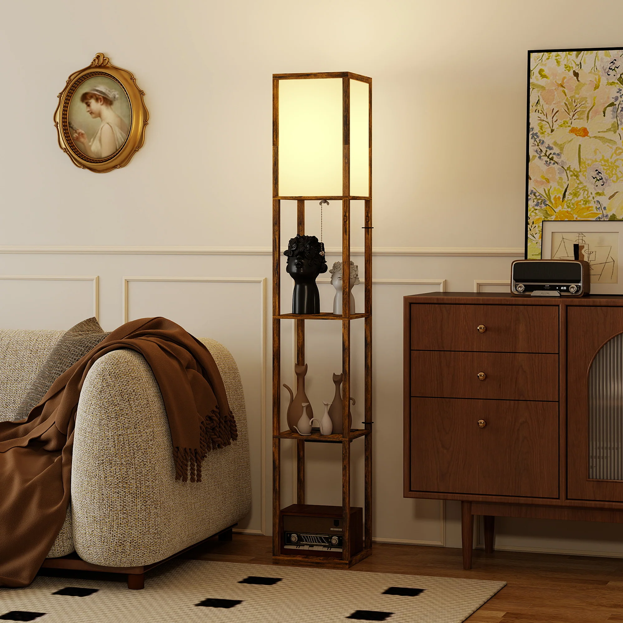 HOMCOM 4 Layer Column Standing Lamp with USB Ports, Rustic Brown - Image 8