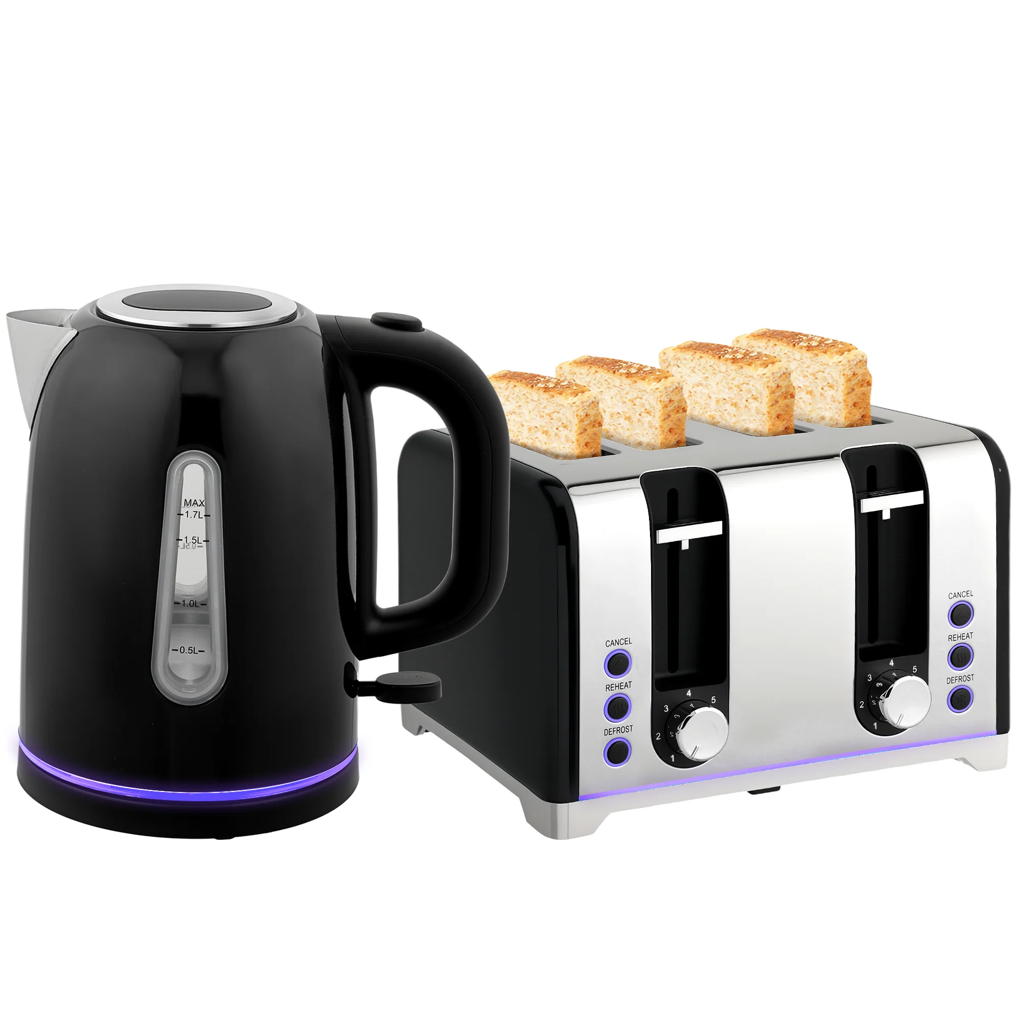 HOMCOM 4 Slice Wide Slot Toaster And 1.7L Rapid Boil Kettle Set, Black