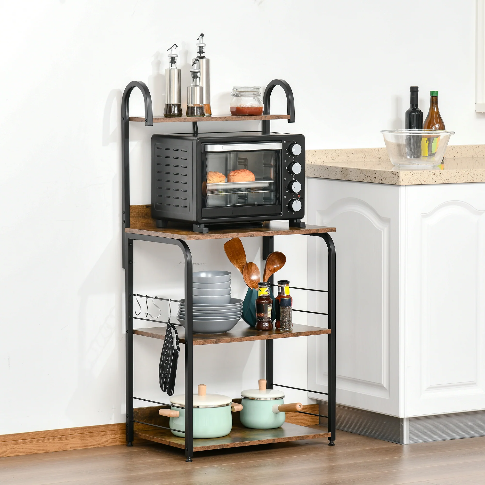 HOMCOM 4-Tier Baker's Rack with Storage, Microwave Stand with 4 Hooks - Image 2