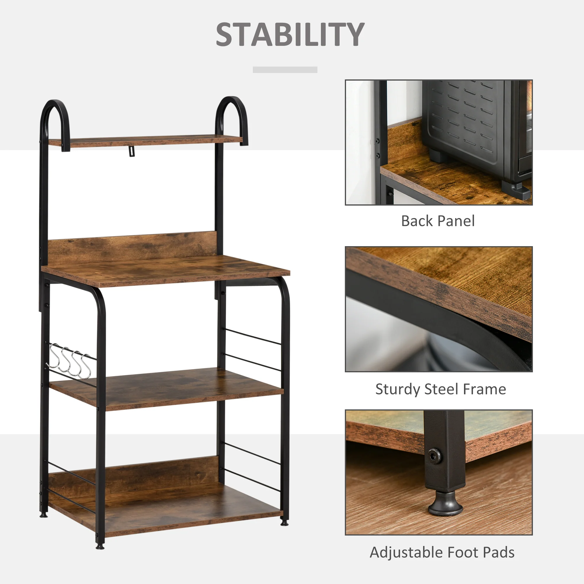 HOMCOM 4-Tier Baker's Rack with Storage, Microwave Stand with 4 Hooks - Image 6