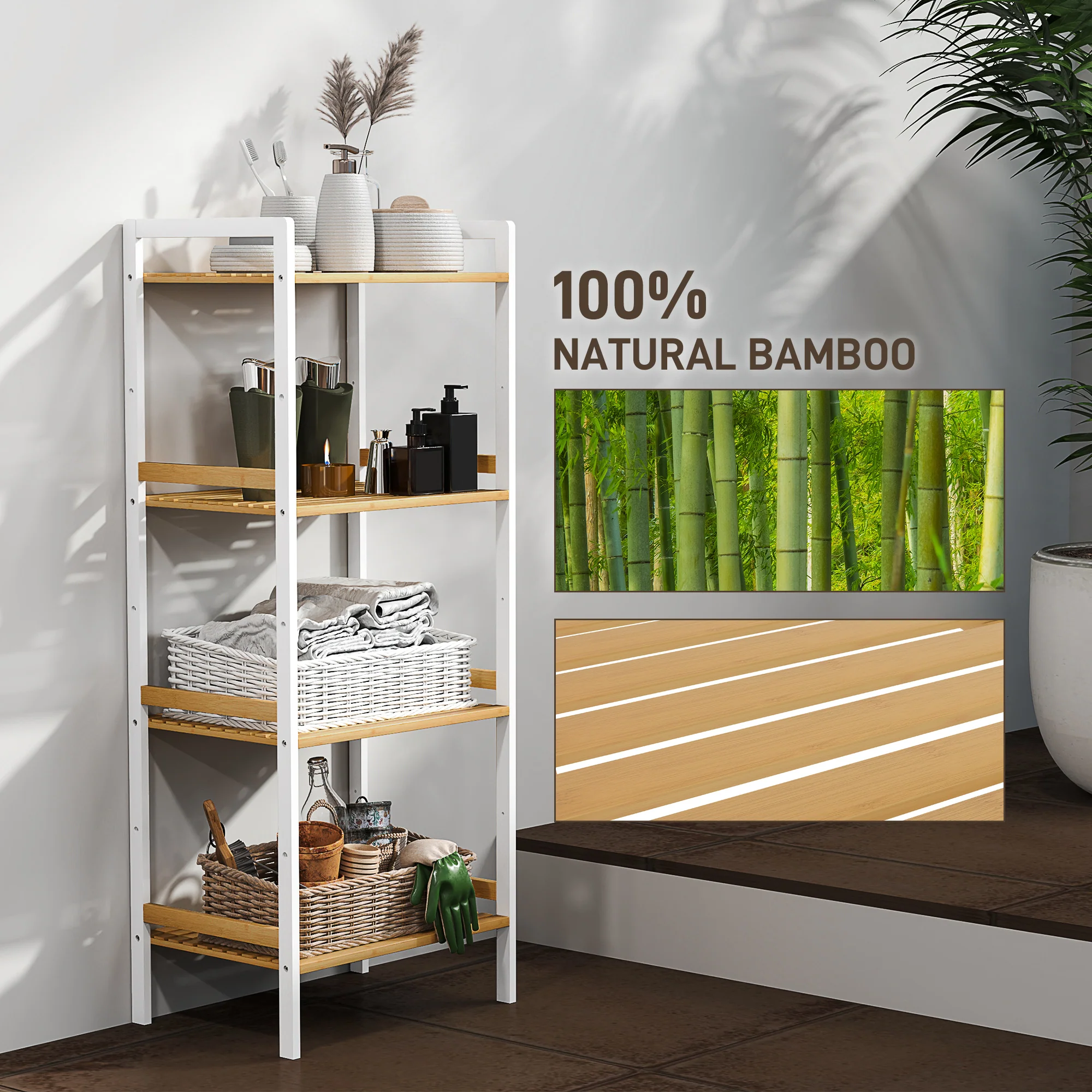 HOMCOM 4-Tier Bamboo Bathroom Storage Shelf with Adjustable Rack - Image 16