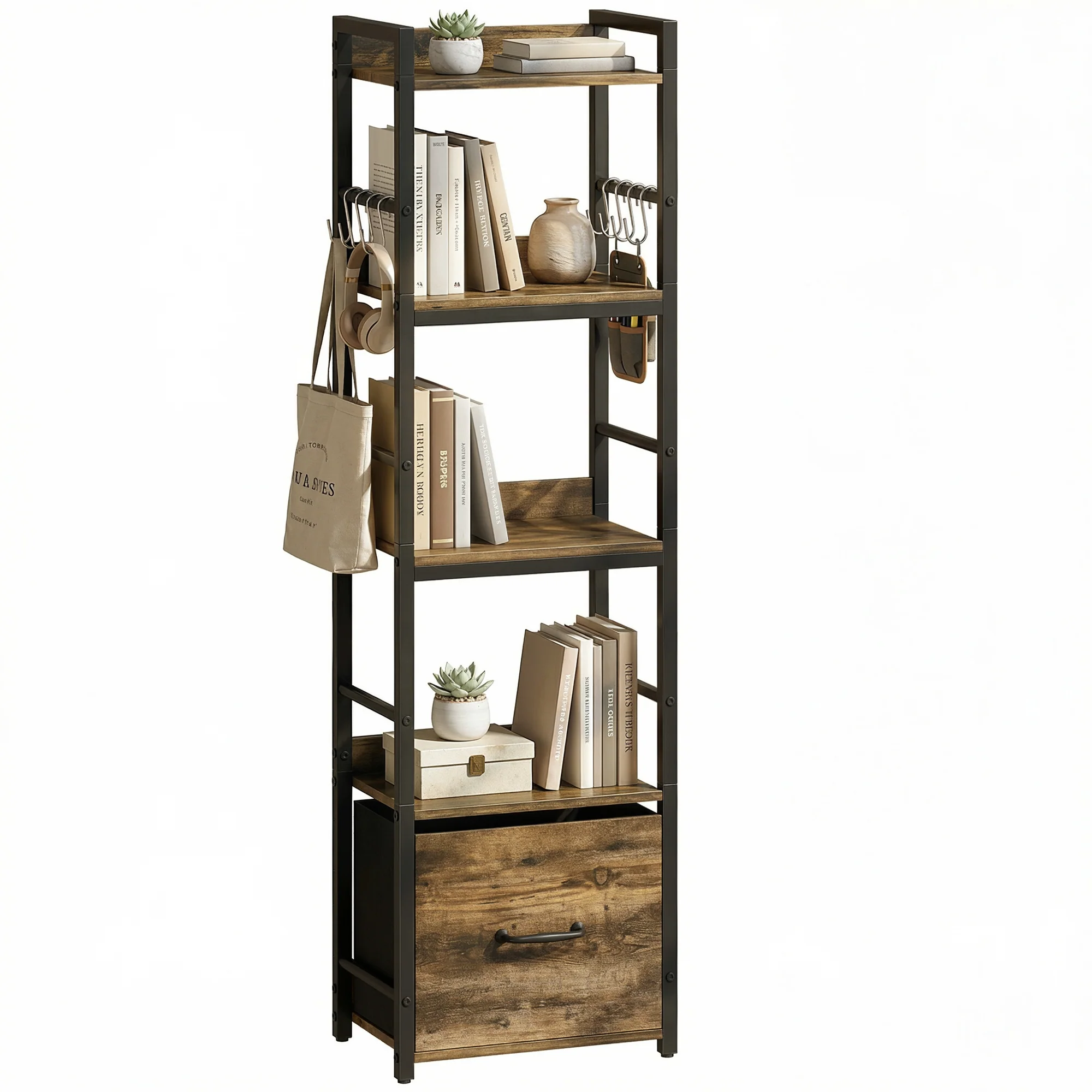 HOMCOM 4-Tier Bookshelf, Shelving Unit with Drawer, 8 Hooks, Rustic Brown