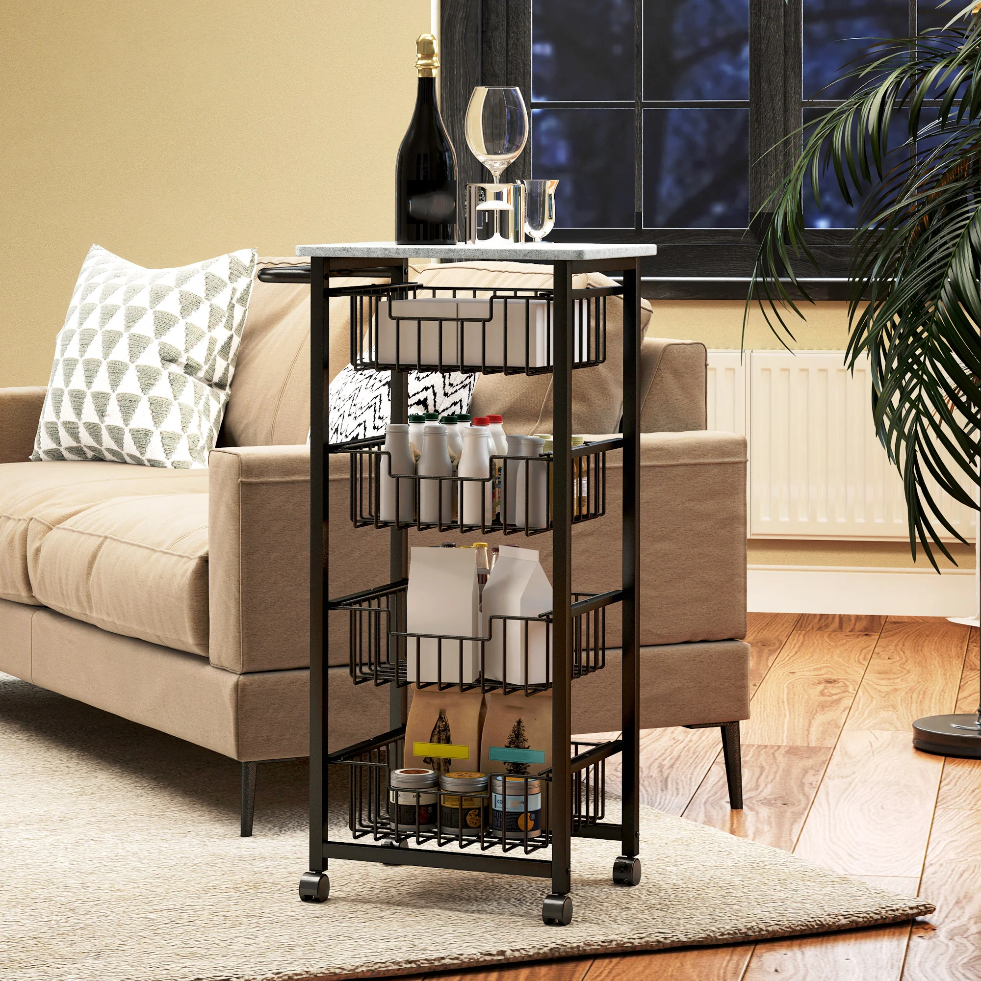 HOMCOM 4-Tier Kitchen Island on Wheels with 4 Pull-Out Baskets, Light Grey - Image 15
