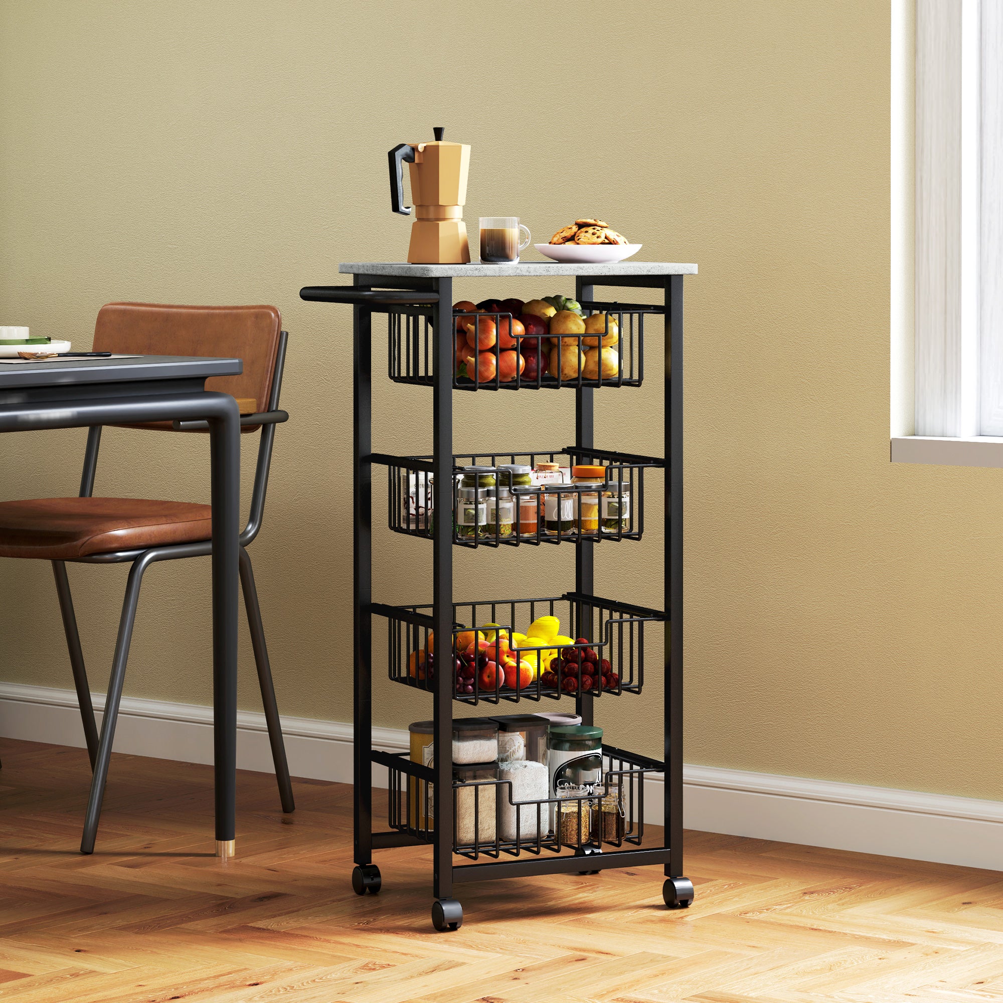 HOMCOM 4-Tier Kitchen Island on Wheels with 4 Pull-Out Baskets, Light Grey - Image 16