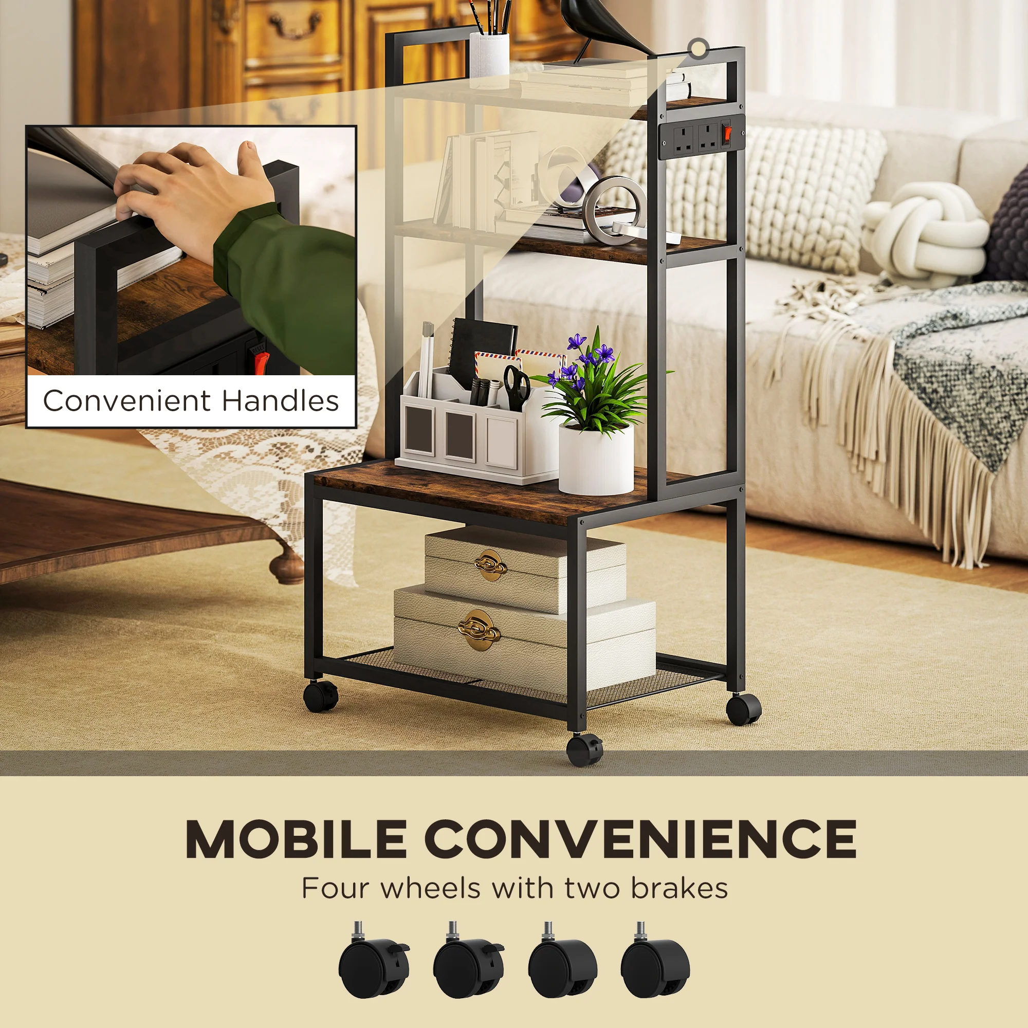 HOMCOM 4-Tier Mobile Printer Stand with Power Outlets for Home Office - Image 6