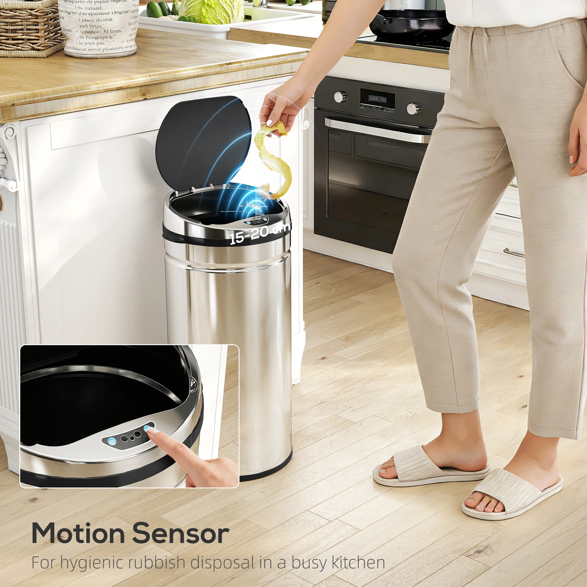 HOMCOM 42L Sensor Bin, Stainless Steel Kitchen Bin With Automatic Close - Image 3