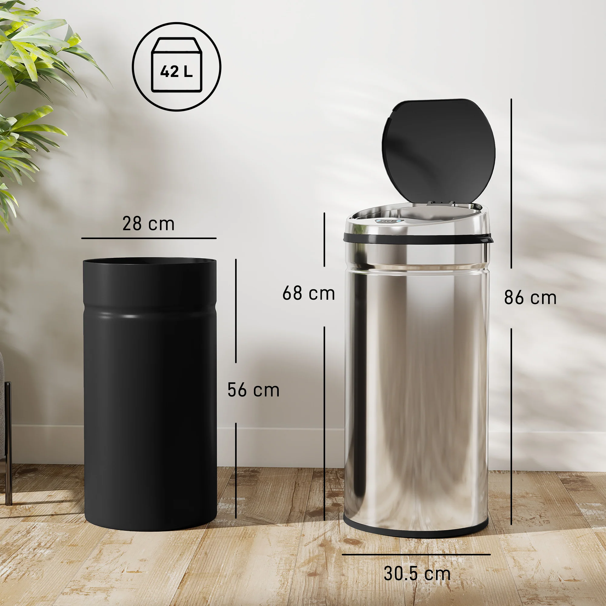 HOMCOM 42L Sensor Bin, Stainless Steel Kitchen Bin With Automatic Close - Image 5