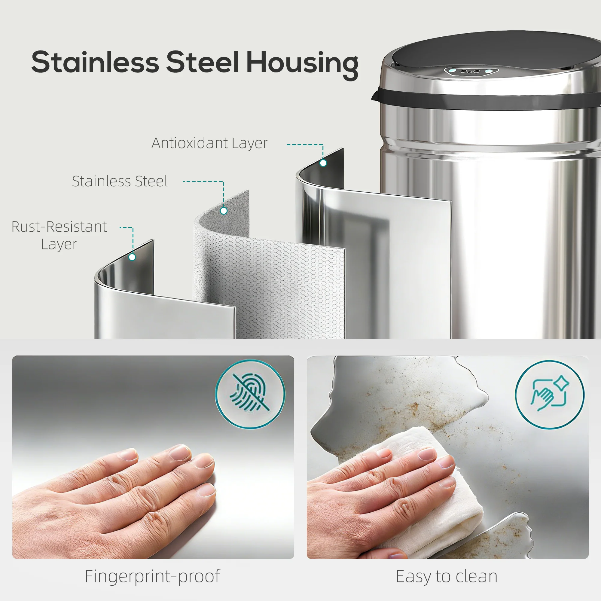 HOMCOM 42L Sensor Bin, Stainless Steel Kitchen Bin With Automatic Close - Image 7