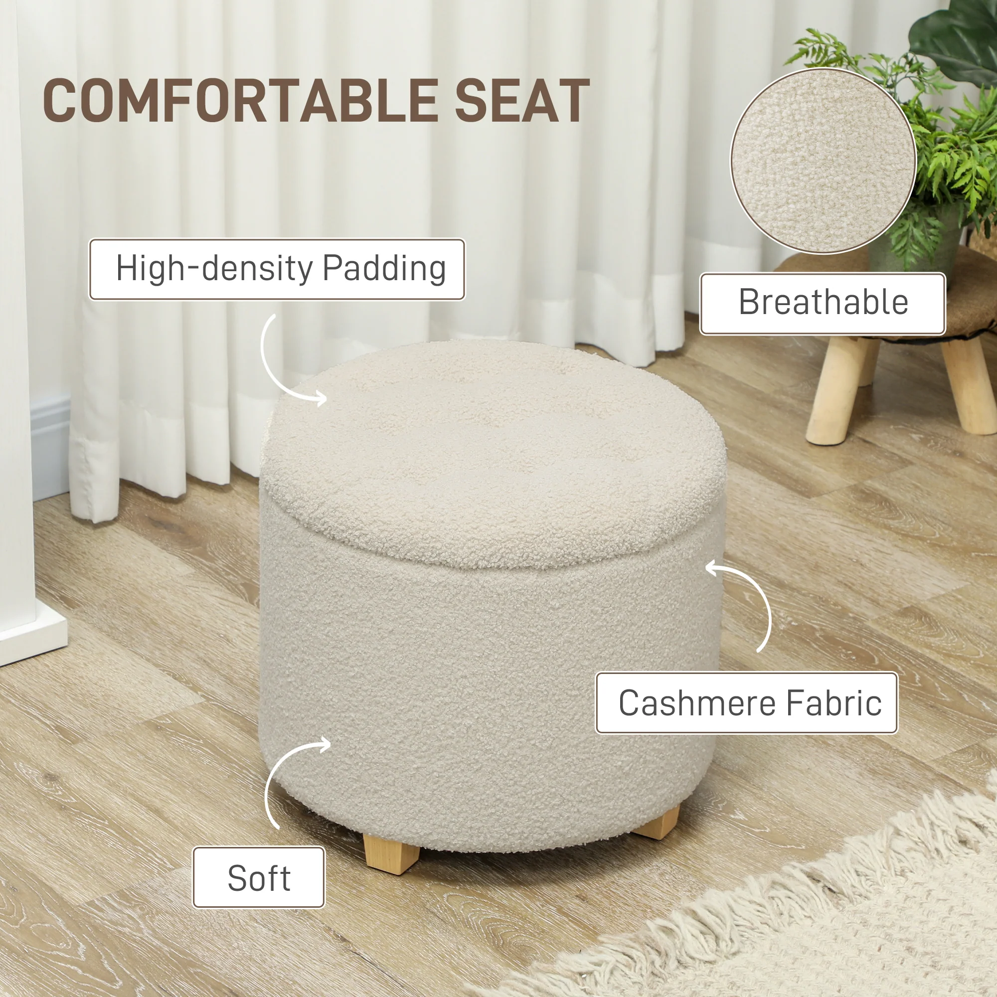 HOMCOM 45cm Round Ottoman with Storage, Lid, Cashmere Footstool, Cream White - Image 4