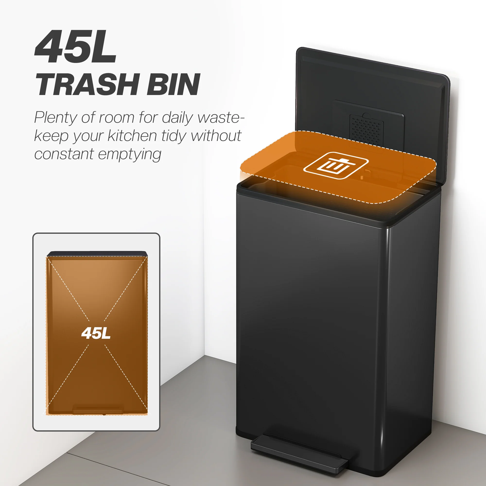 HOMCOM 45L Kitchen Bin, Pedal Bin With Soft-Close Lid, Removable Bucket - Image 3