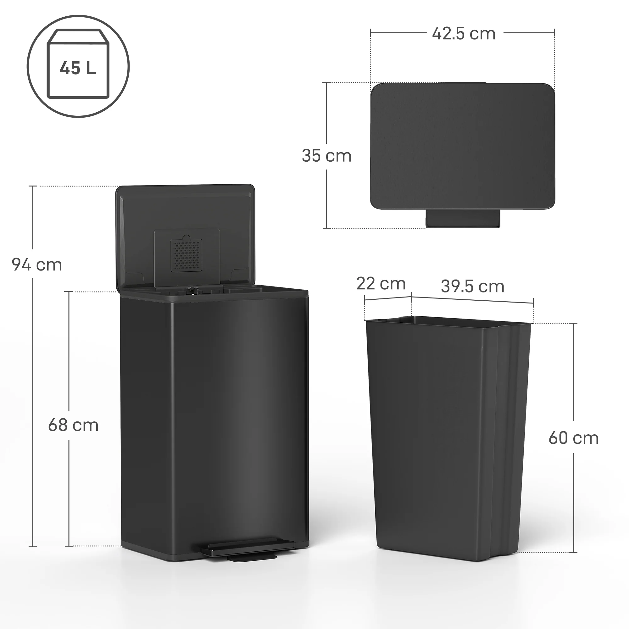 HOMCOM 45L Kitchen Bin, Pedal Bin With Soft-Close Lid, Removable Bucket - Image 5
