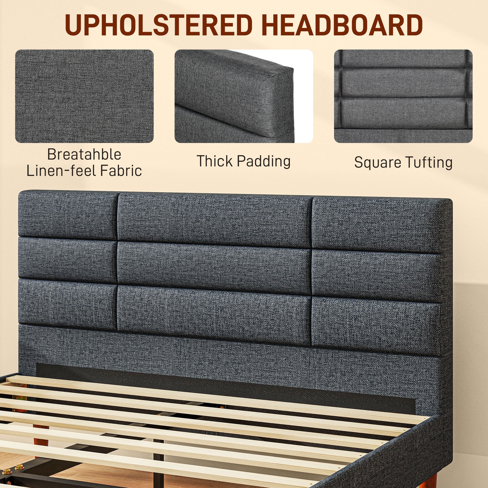 HOMCOM 4ft Upholstered Double Bed Frame W/ Wooden Slat No Box Spring Needed - Image 3