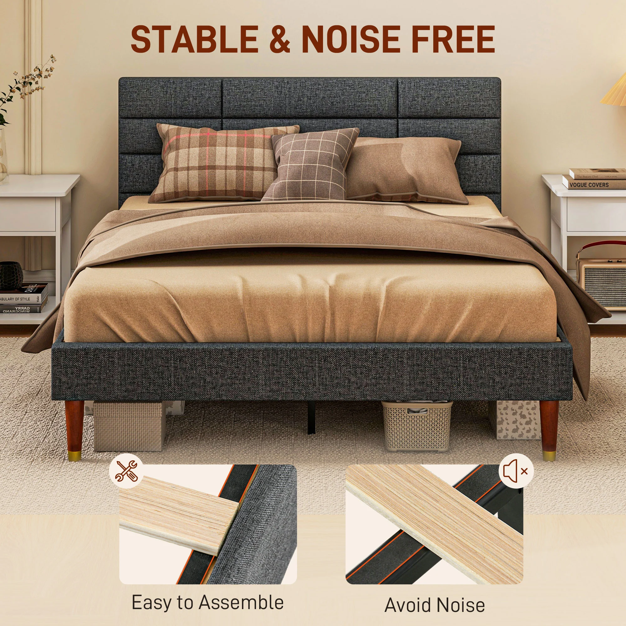 HOMCOM 4ft Upholstered Double Bed Frame W/ Wooden Slat No Box Spring Needed - Image 4
