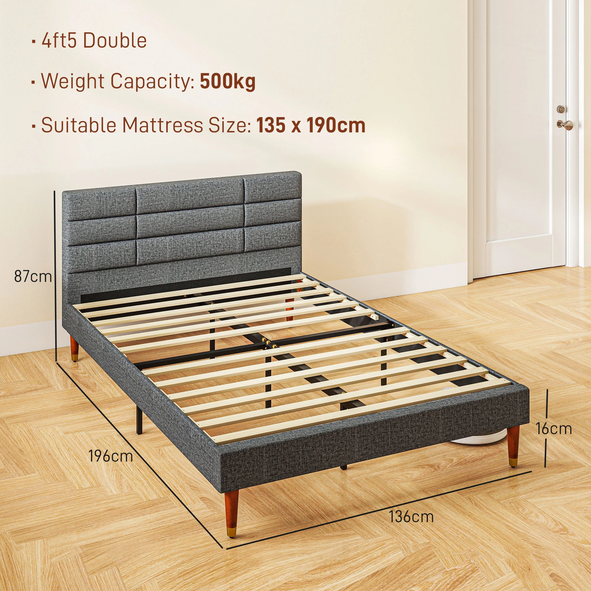 HOMCOM 4ft Upholstered Double Bed Frame W/ Wooden Slat No Box Spring Needed - Image 5