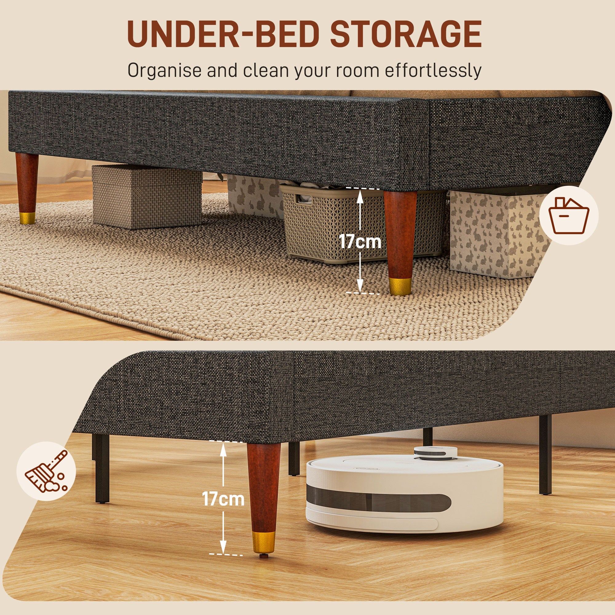 HOMCOM 4ft Upholstered Double Bed Frame W/ Wooden Slat No Box Spring Needed - Image 6