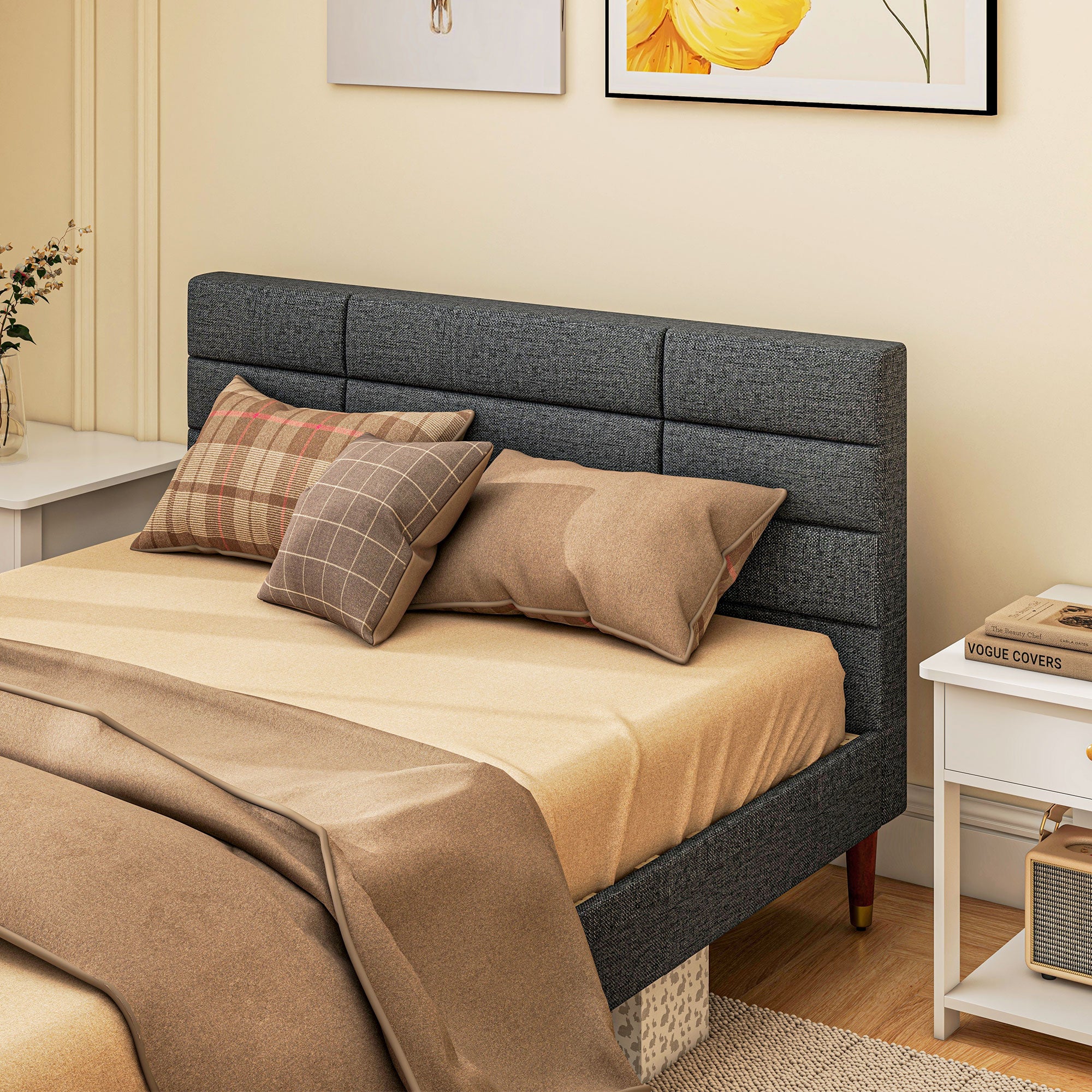 HOMCOM 4ft Upholstered Double Bed Frame W/ Wooden Slat No Box Spring Needed - Image 8