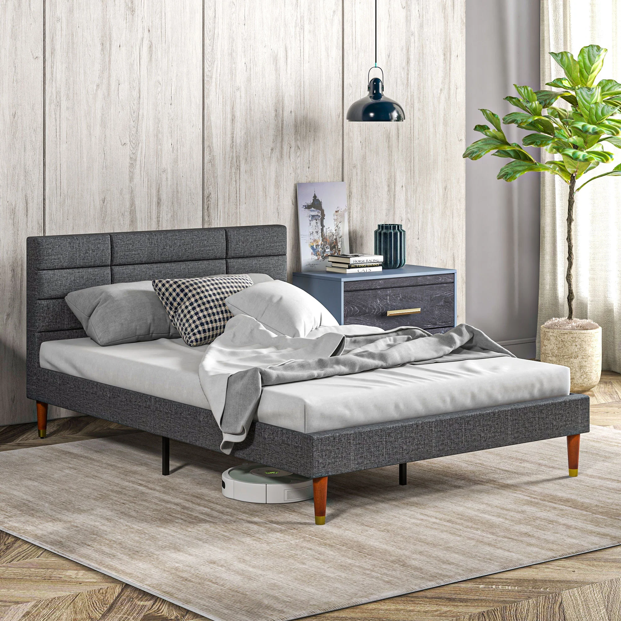 HOMCOM 4ft Upholstered Double Bed Frame W/ Wooden Slat No Box Spring Needed - Image 9