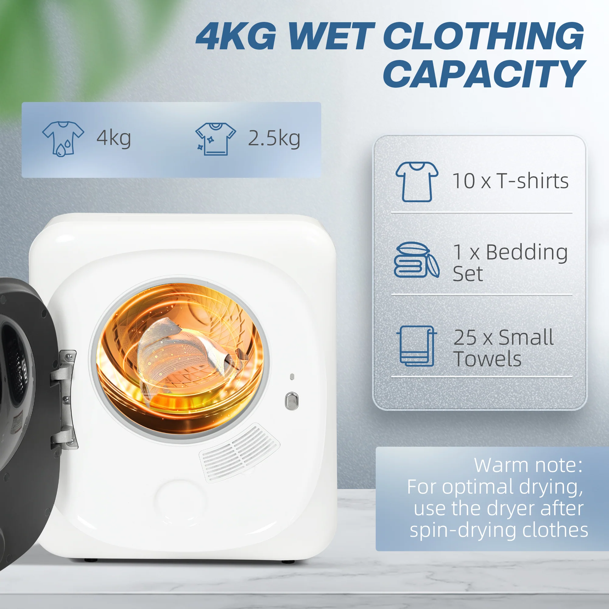 HOMCOM 4kg 800W Vented Tumble Dryer With Deodorize, Smart Mode - Image 4