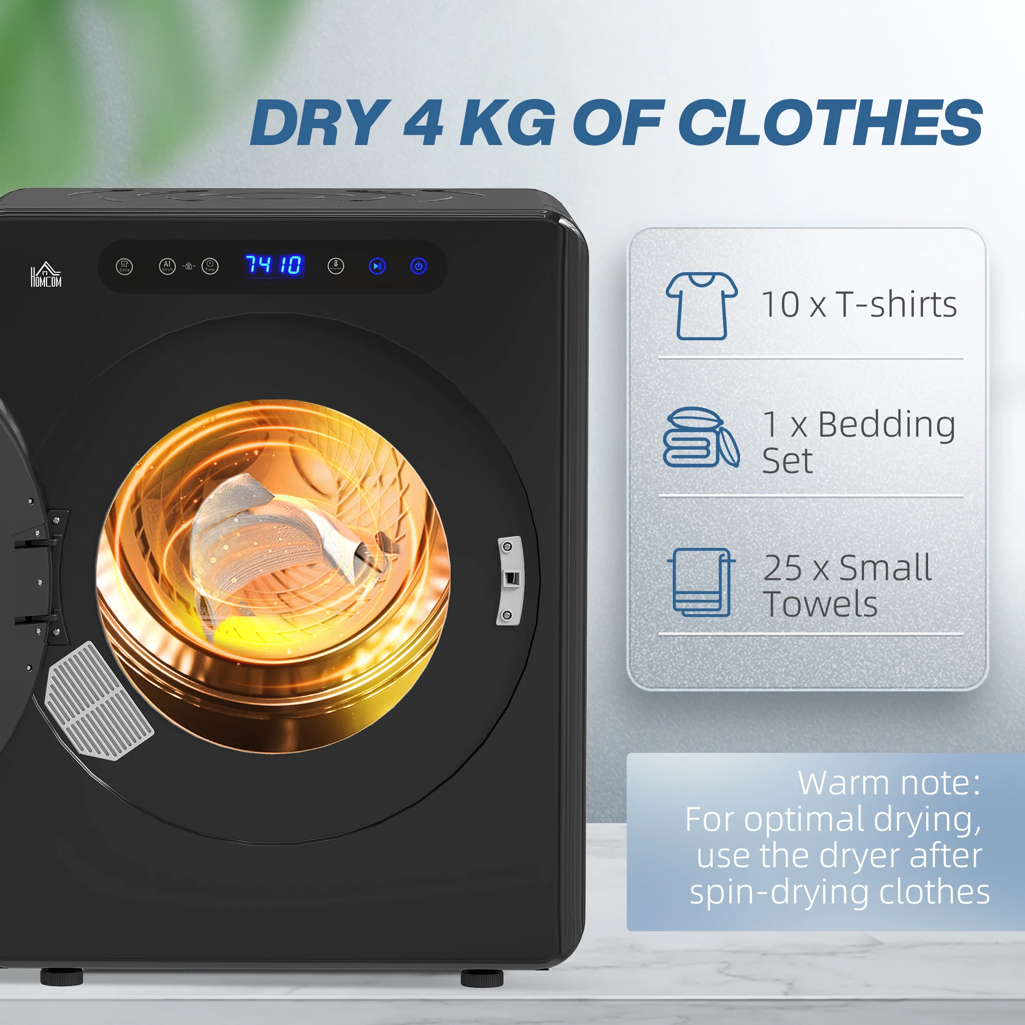 HOMCOM 4kg Portable Vented Tumble Dryer Machine With Timer, 6 Heat Settings - Image 4