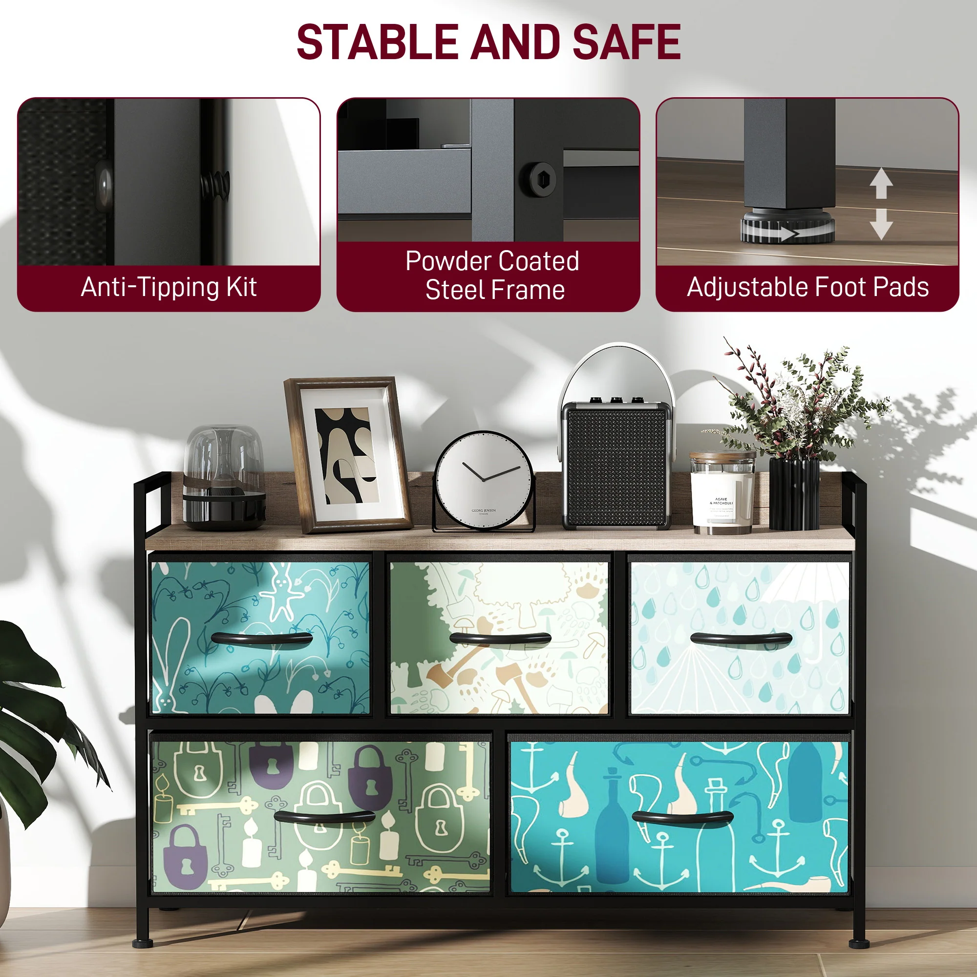HOMCOM 5-Drawer Chest Of Drawers, Fabric Dresser With Open Shelf - Image 7