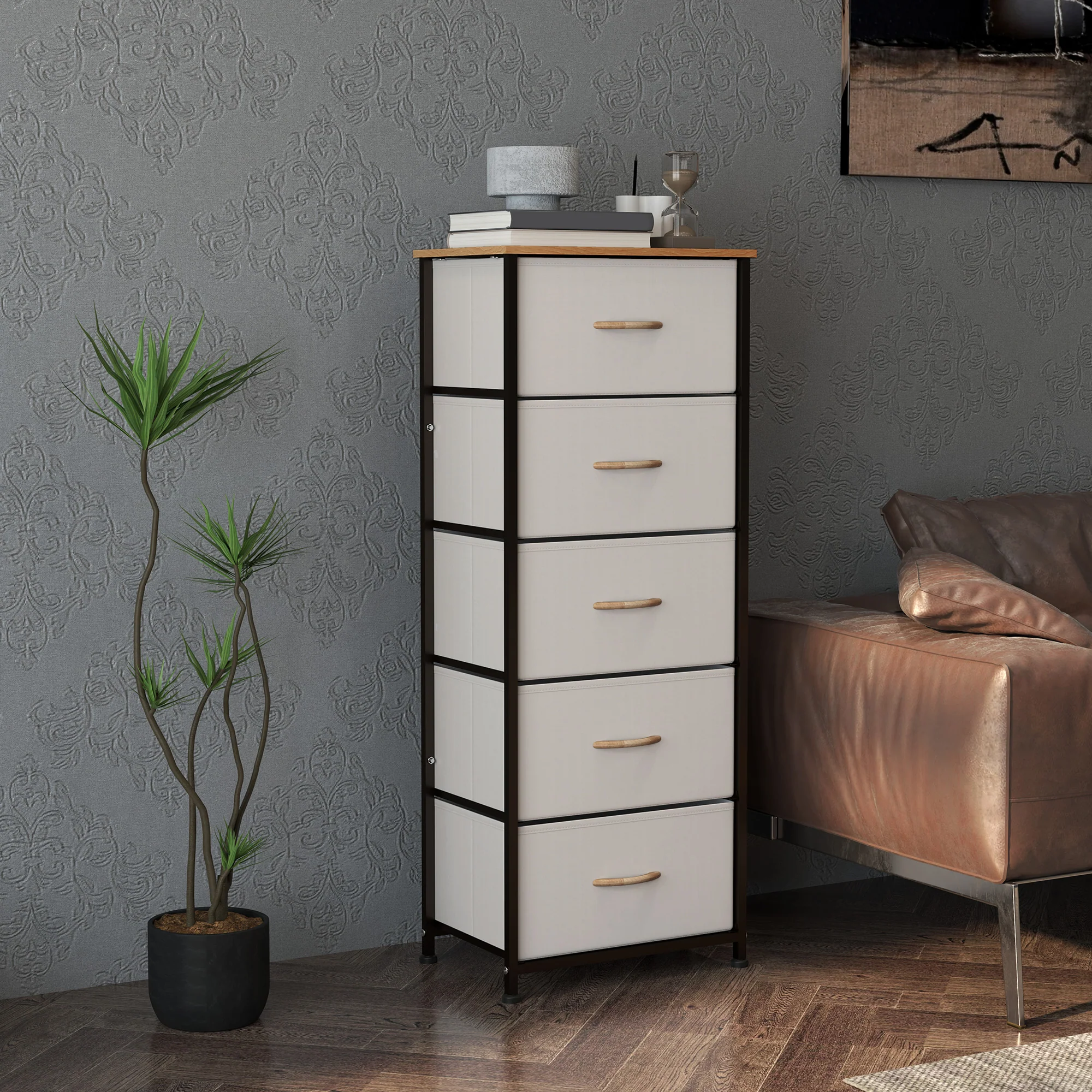 HOMCOM 5 Drawer Fabric Chest of Drawers w/ Wooden Top for Hallway - Image 16