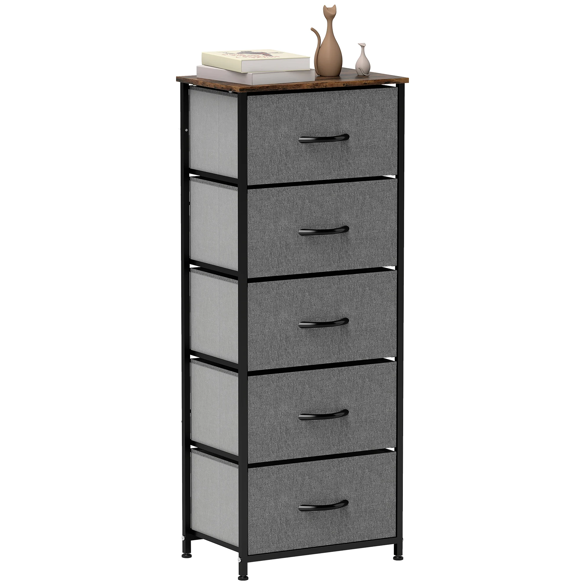 HOMCOM 5 Drawer Fabric Chest of Drawers with Wooden Top, Rustic Brown
