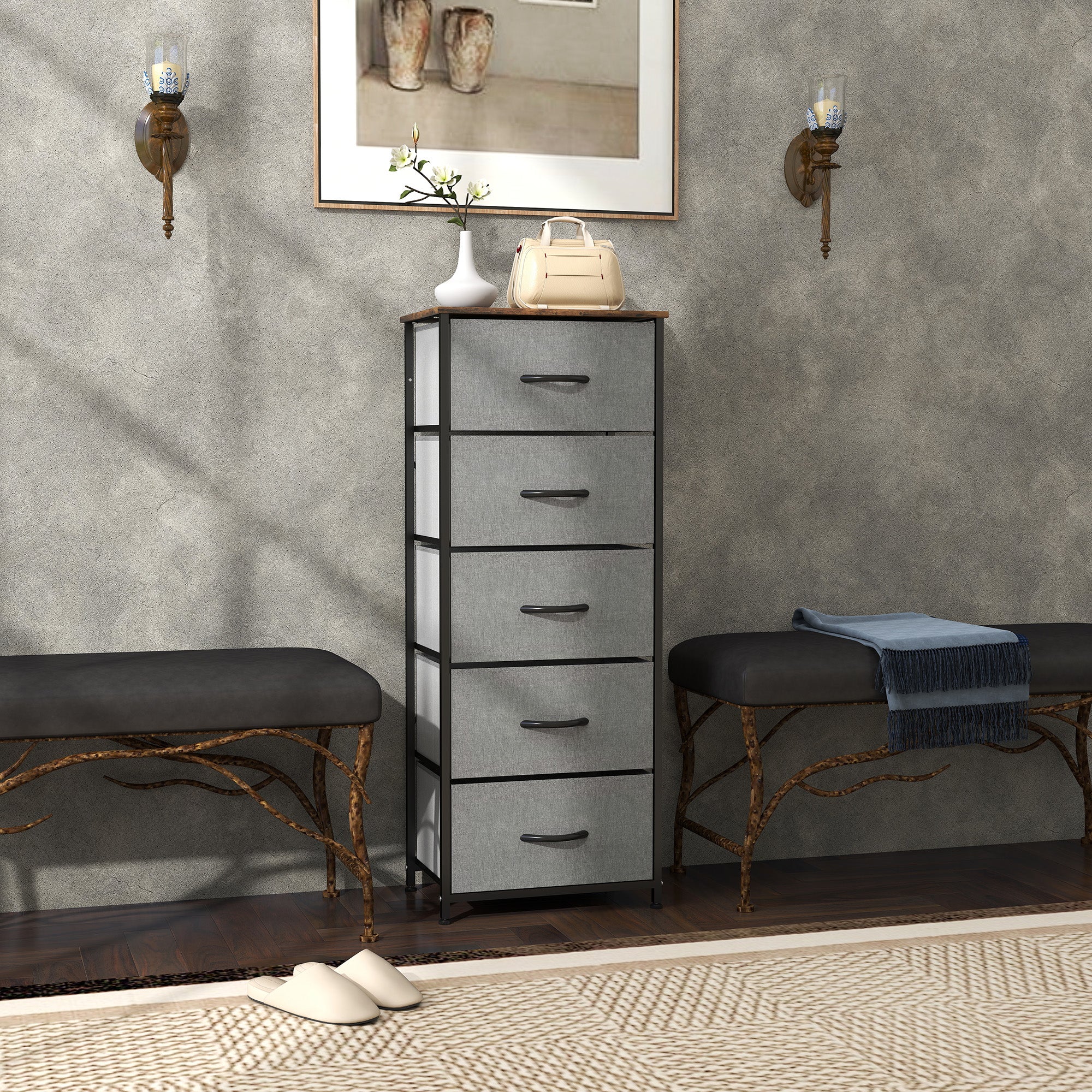 HOMCOM 5 Drawer Fabric Chest of Drawers with Wooden Top, Rustic Brown - Image 2