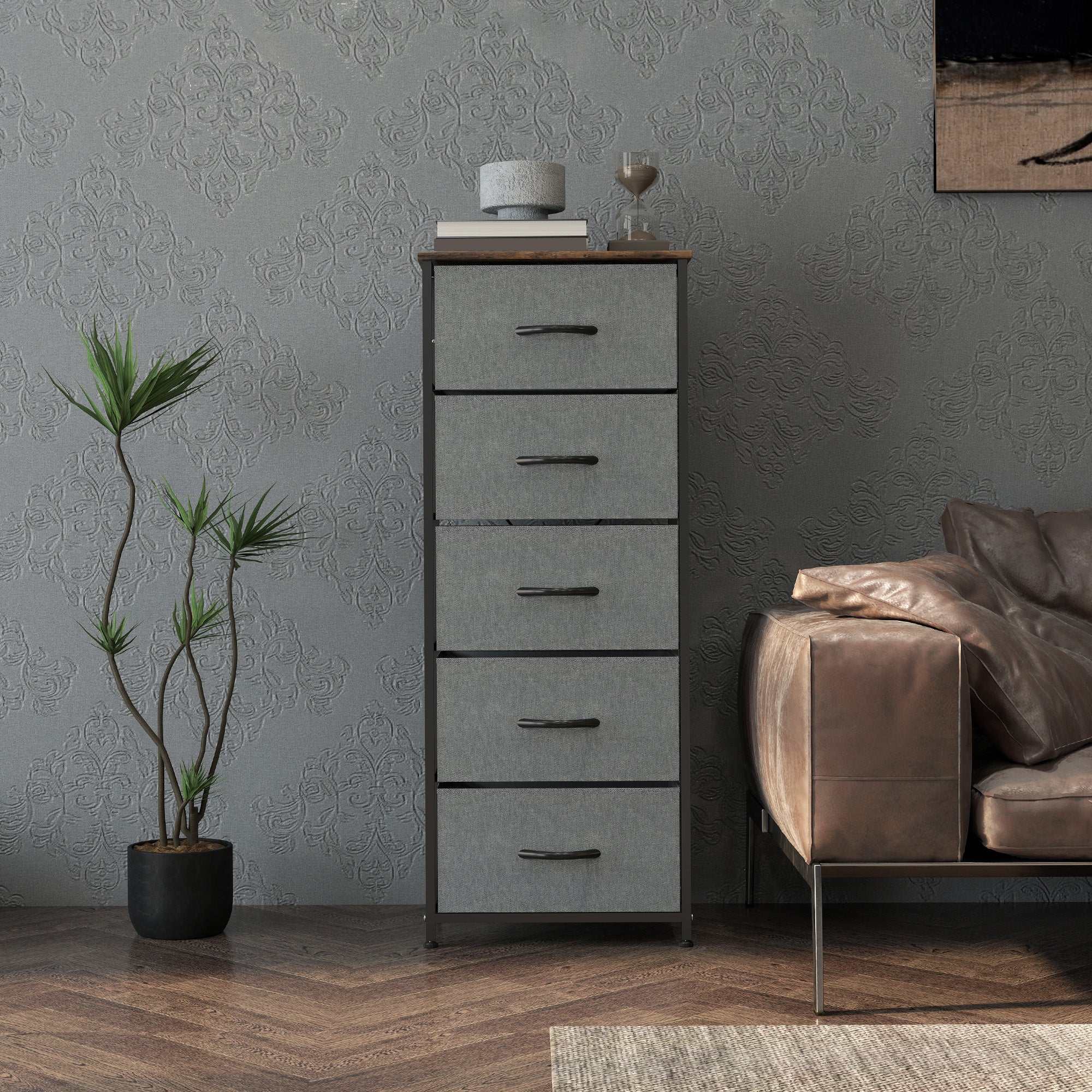 HOMCOM 5 Drawer Fabric Chest of Drawers with Wooden Top, Rustic Brown - Image 7