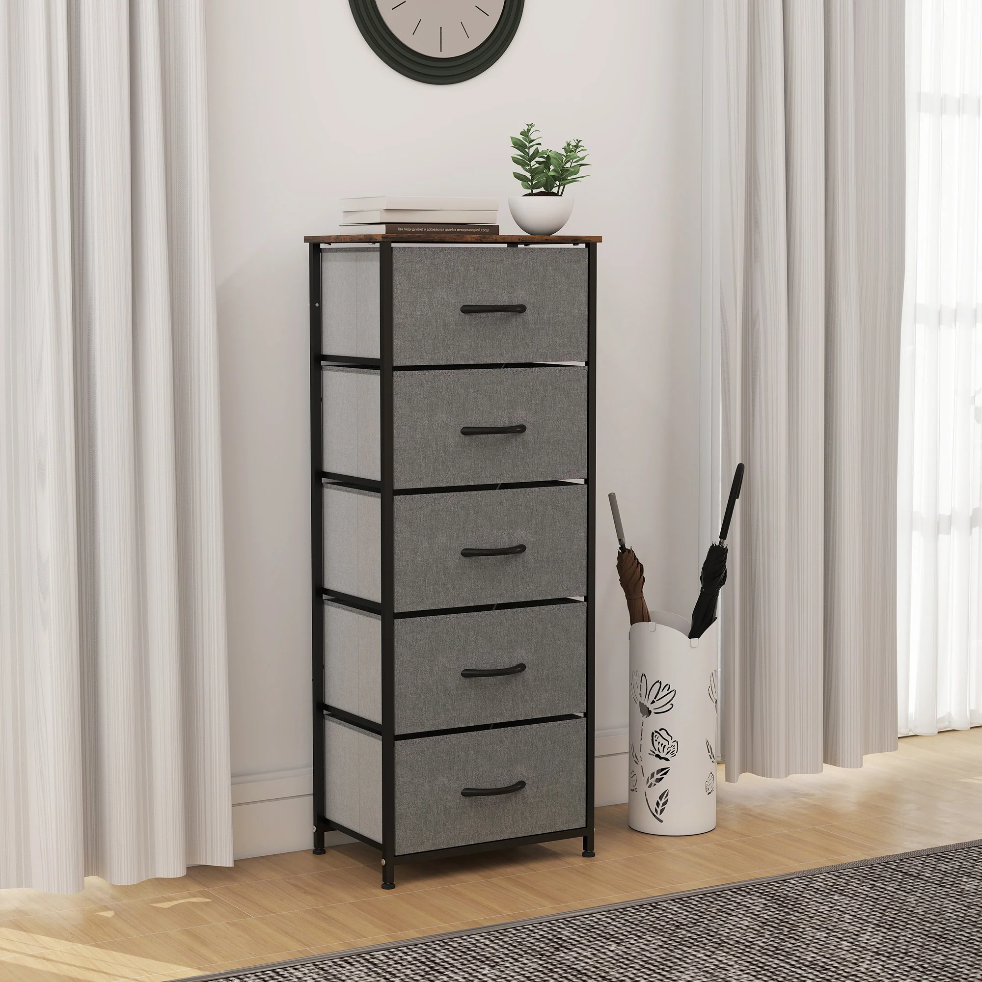 HOMCOM 5 Drawer Fabric Chest of Drawers with Wooden Top, Rustic Brown - Image 8