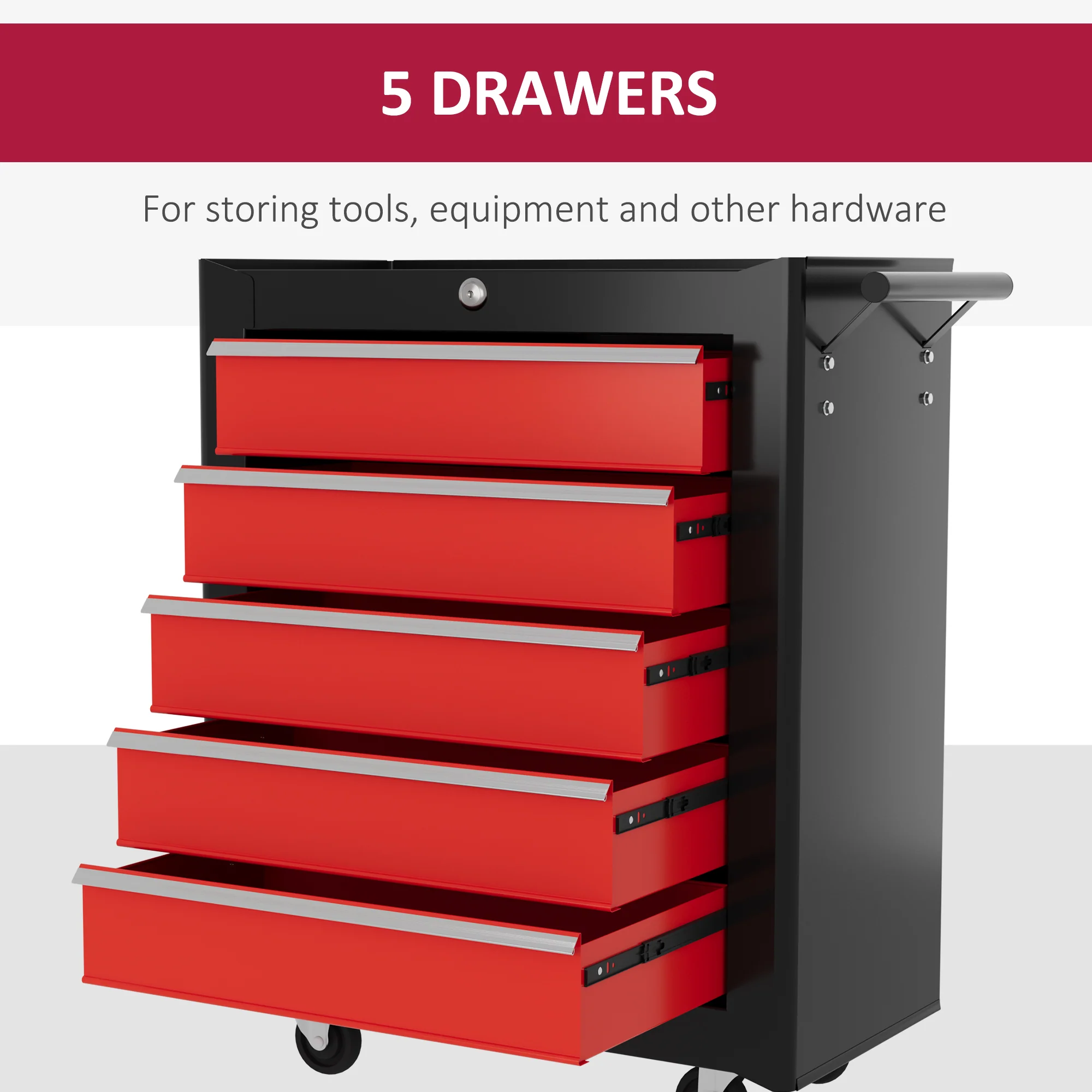 HOMCOM 5-Drawer Tool Chest Steel Lockable Tool Storage Cabinet W/ Wheels Red - Image 3