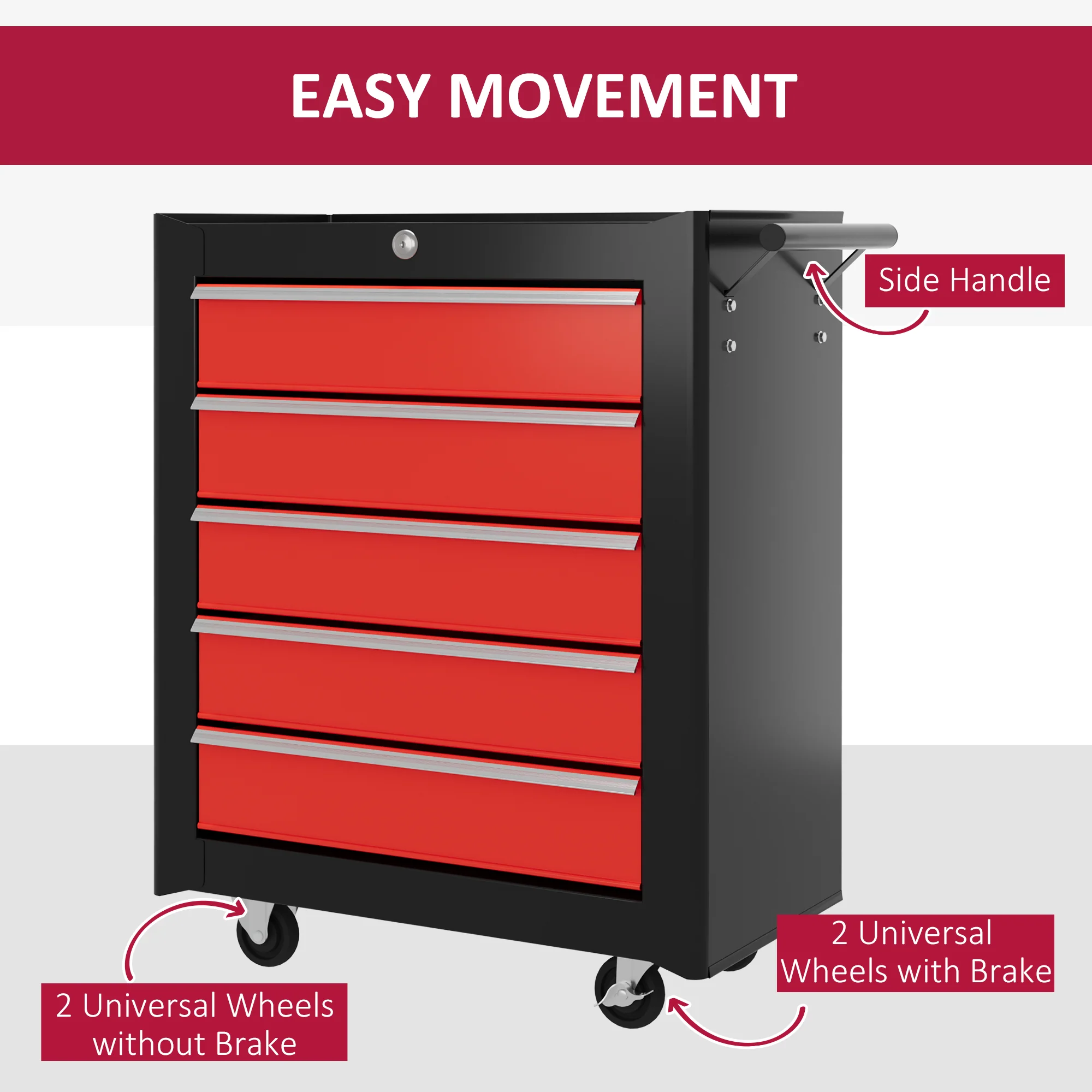 HOMCOM 5-Drawer Tool Chest Steel Lockable Tool Storage Cabinet W/ Wheels Red - Image 6