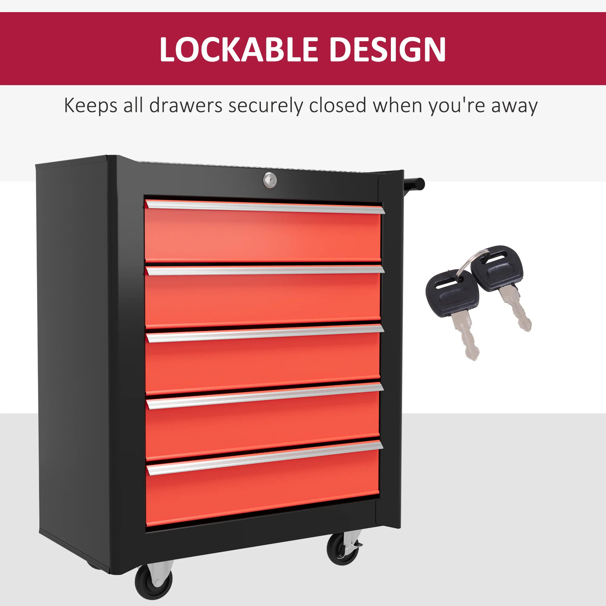 HOMCOM 5-Drawer Tool Chest Steel Lockable Tool Storage Cabinet W/ Wheels Red - Image 7