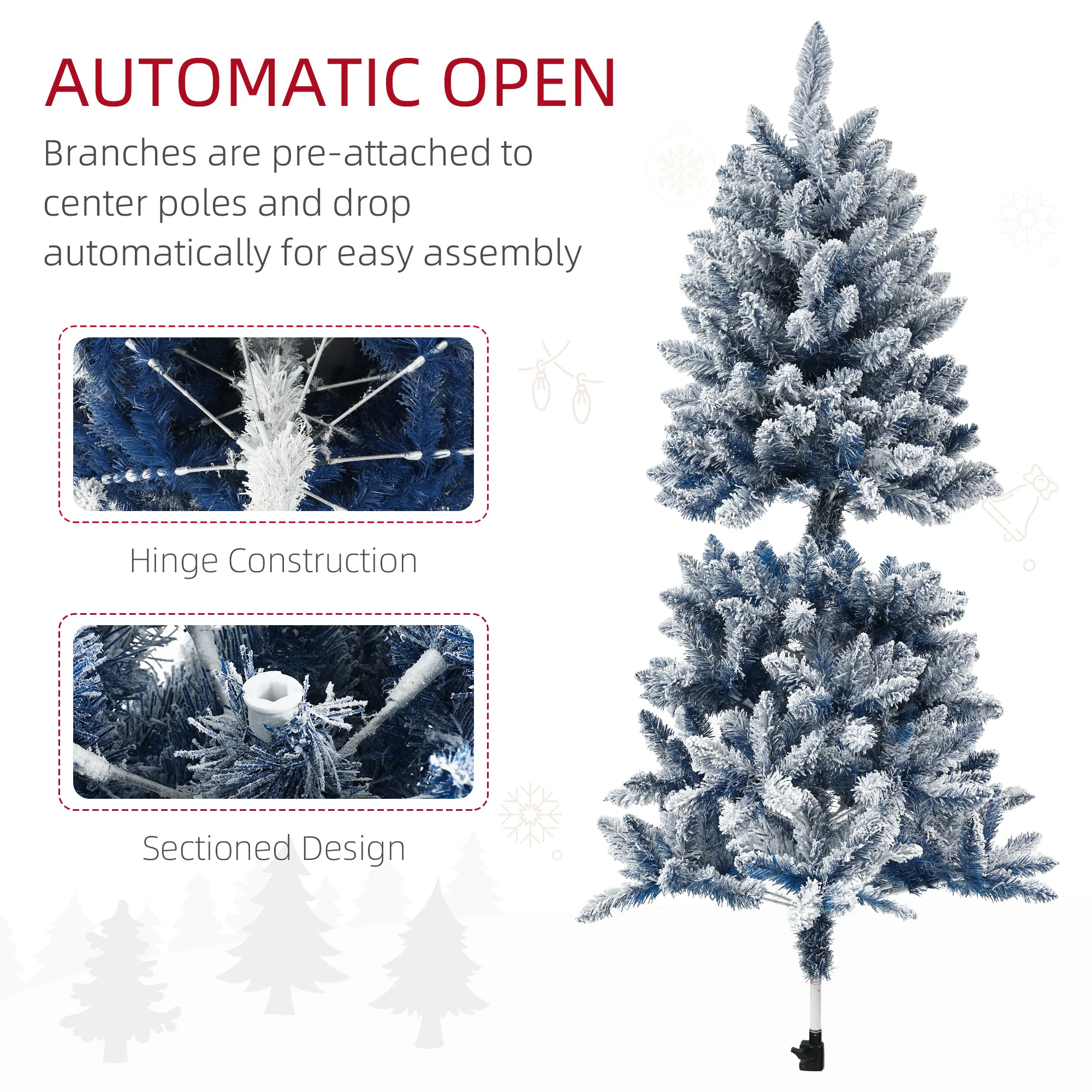 HOMCOM 5 Foot Artificial Blue Snow Flocked Christmas Tree With Hinged Branches - Image 6