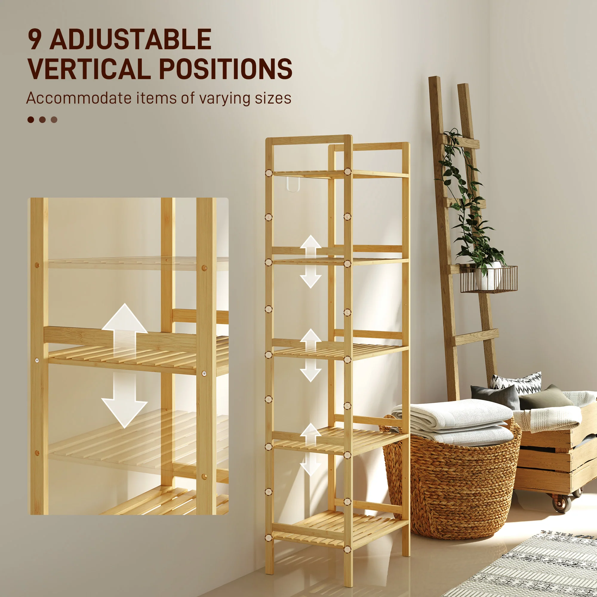 HOMCOM 5-Tier Bamboo Bathroom Storage Shelf with Adjustable Rack - Image 4