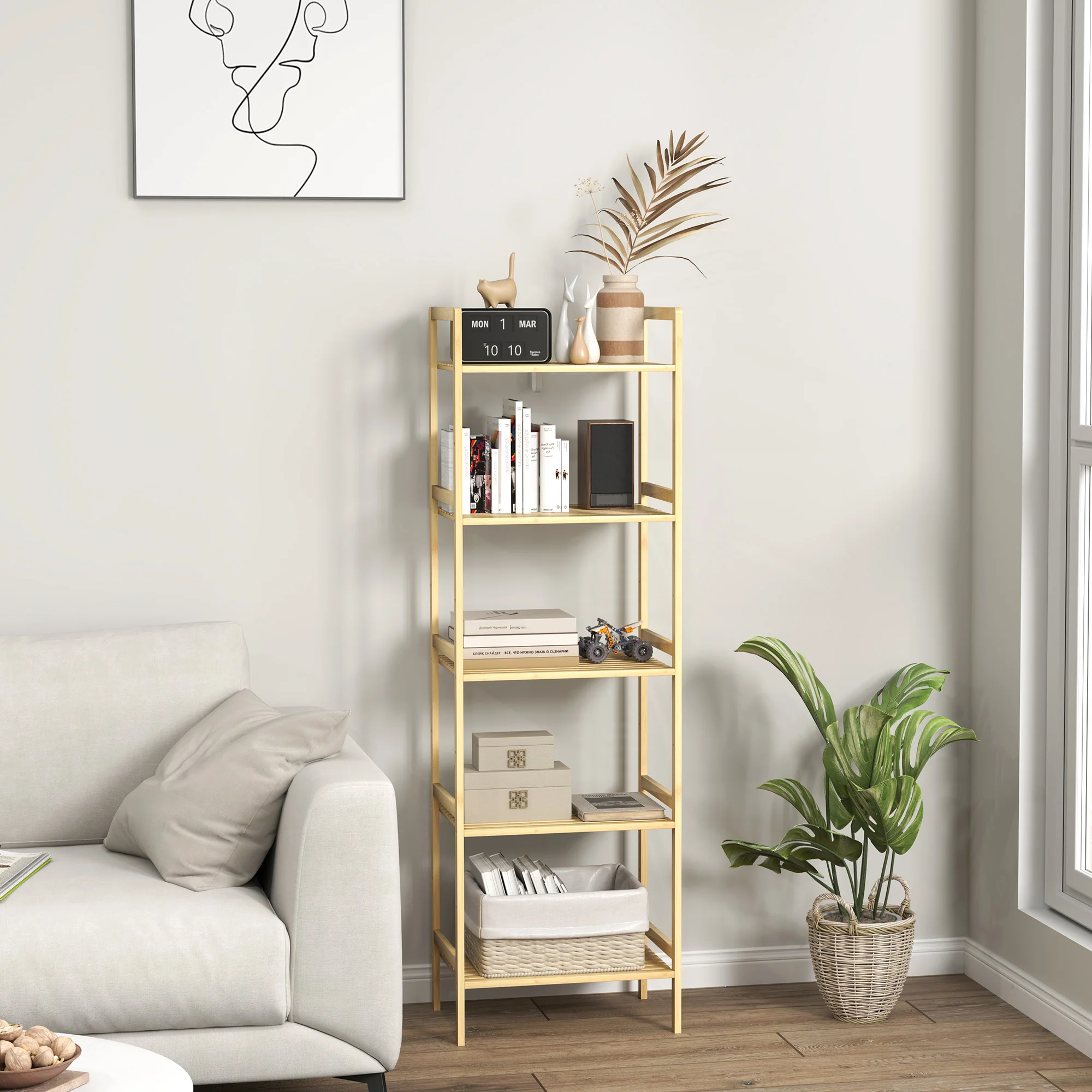 HOMCOM 5-Tier Bamboo Bathroom Storage Shelf with Adjustable Rack - Image 8