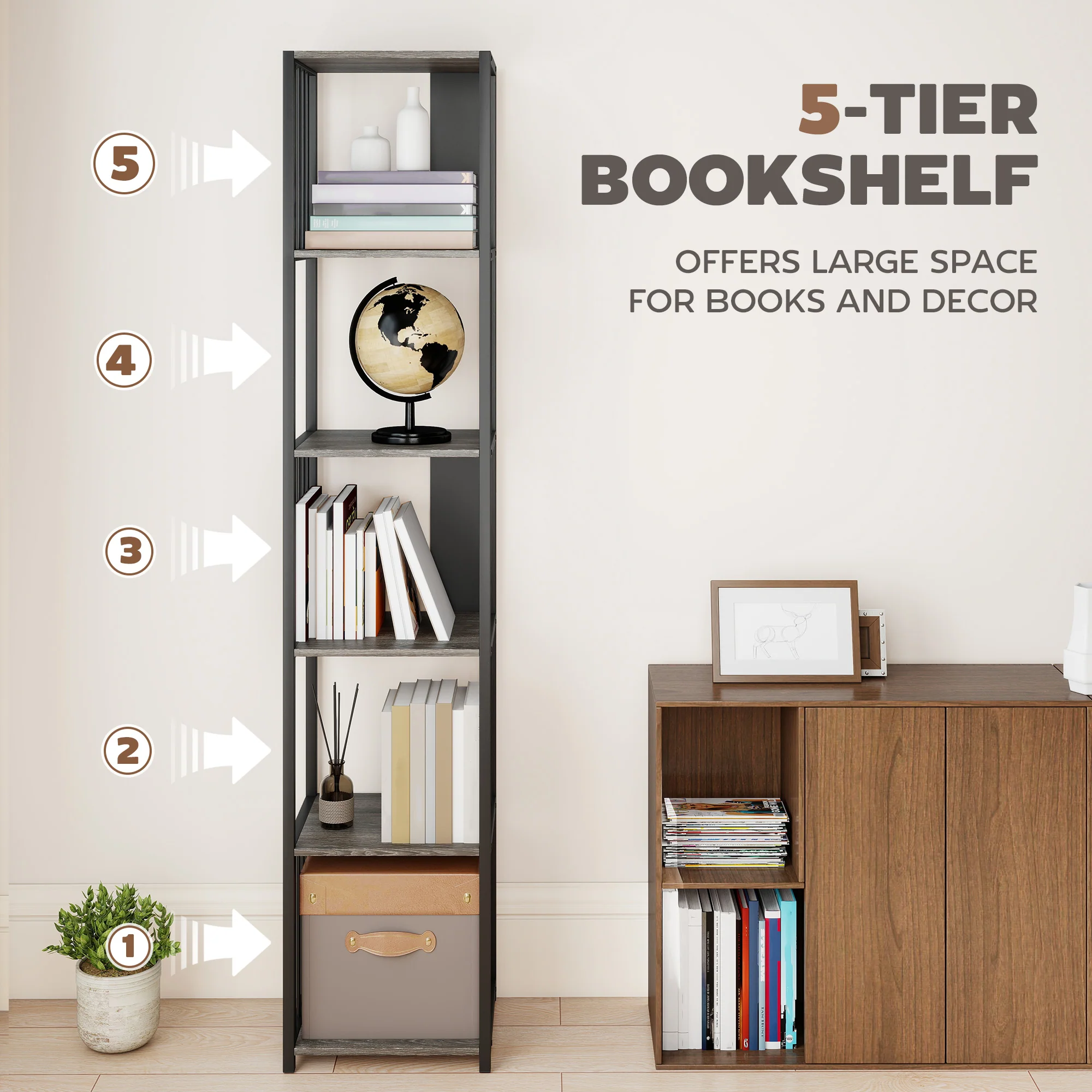 HOMCOM 5-Tier Bookshelf, Freestanding Display Storage Unit - Image 3
