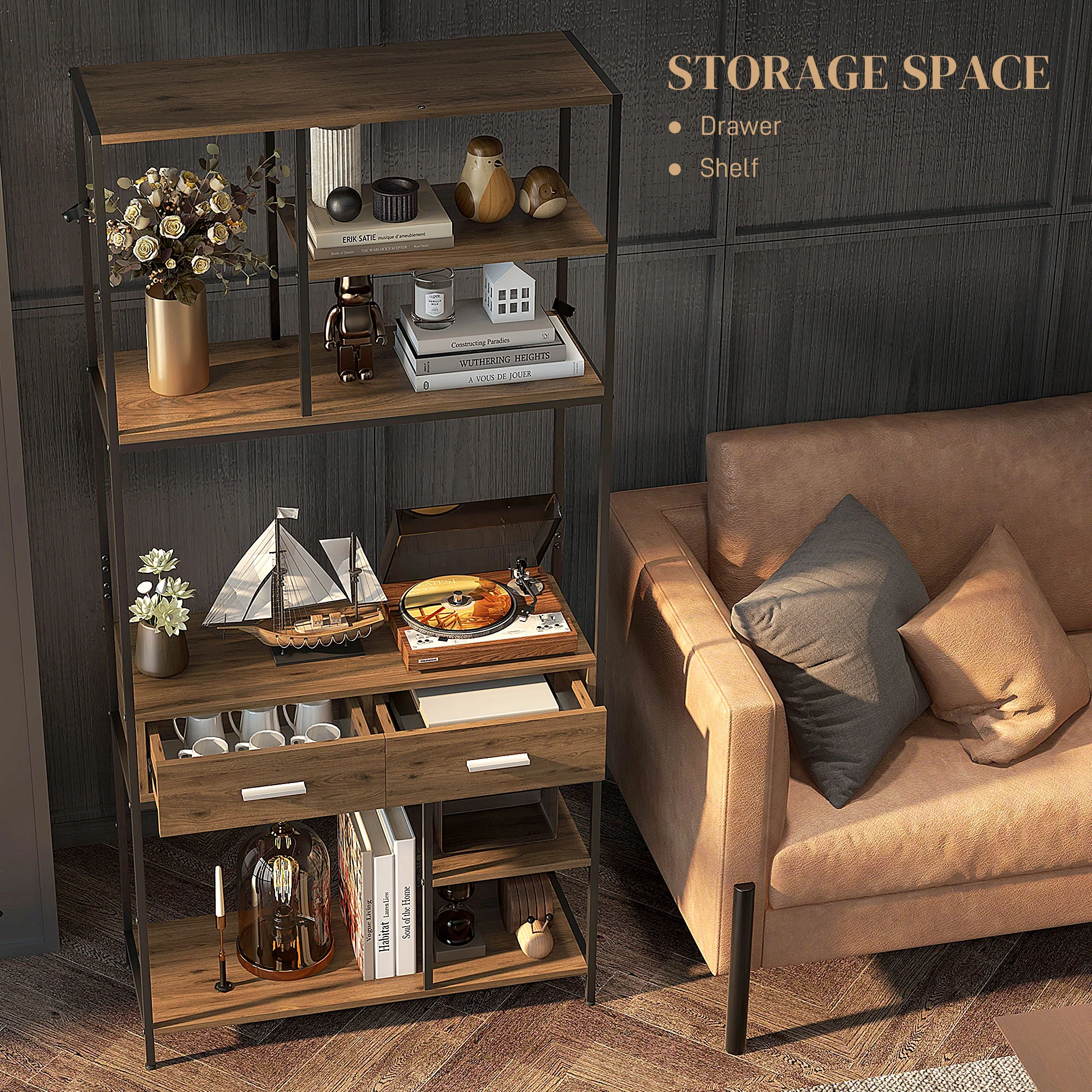 HOMCOM 5 Tier Free Standing Book Shelf With 2 Drawers For Study, Living Room - Image 4